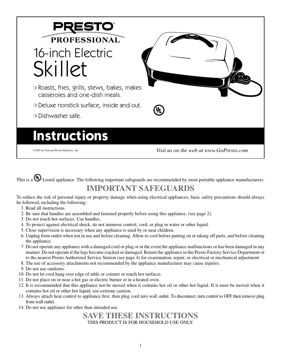 Presto 16-inch Electric Skillet User Manual | 4 pages
