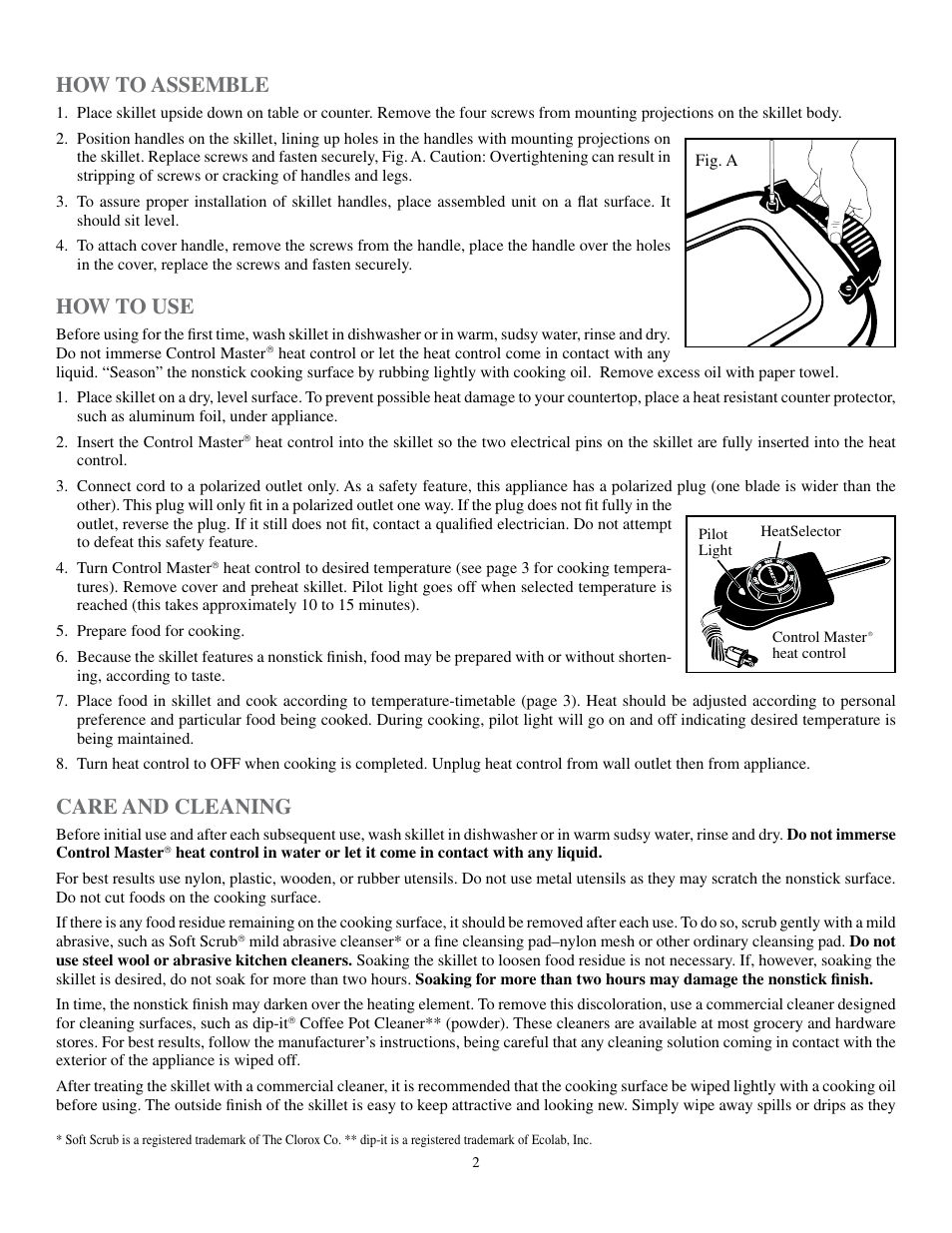 How to assemble, How to use, Care and cleaning | Presto 16-inch Electric Skillet User Manual | Page 2 / 4