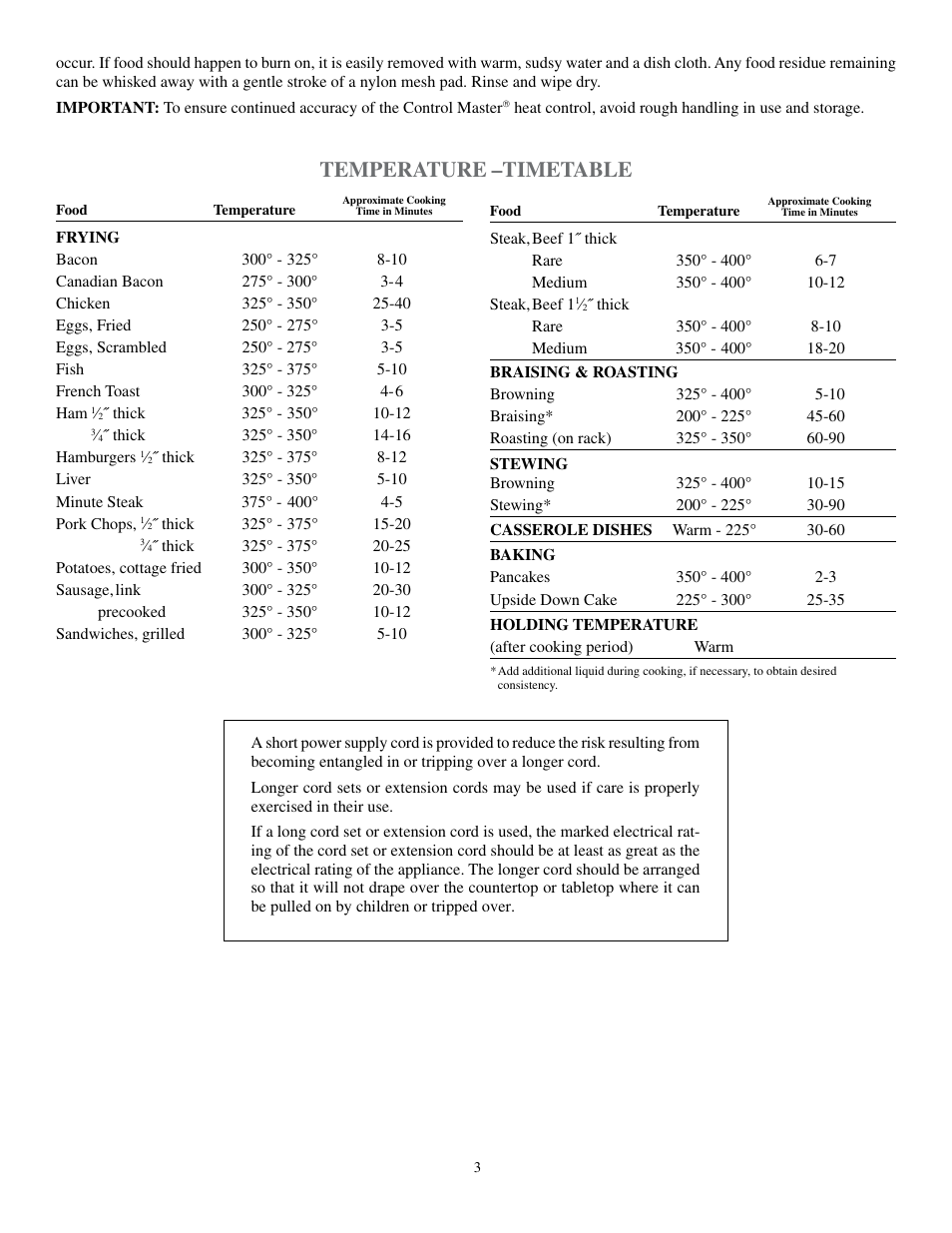 Temperature –timetable | Presto 16-inch Electric Skillet User Manual | Page 3 / 4