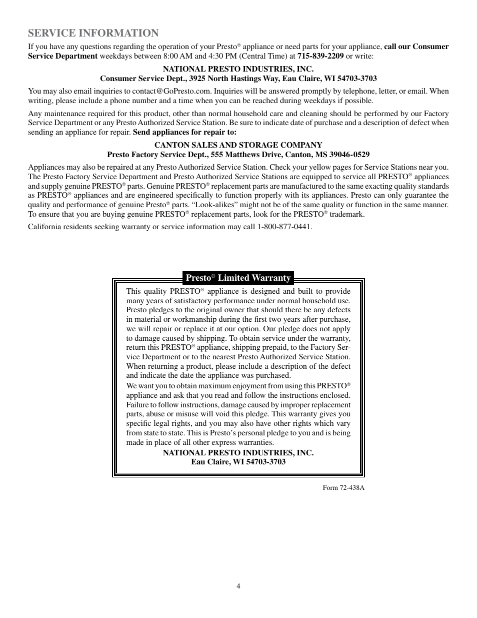 Service information, Presto, Limited warranty | Presto 16-inch Electric Skillet User Manual | Page 4 / 4