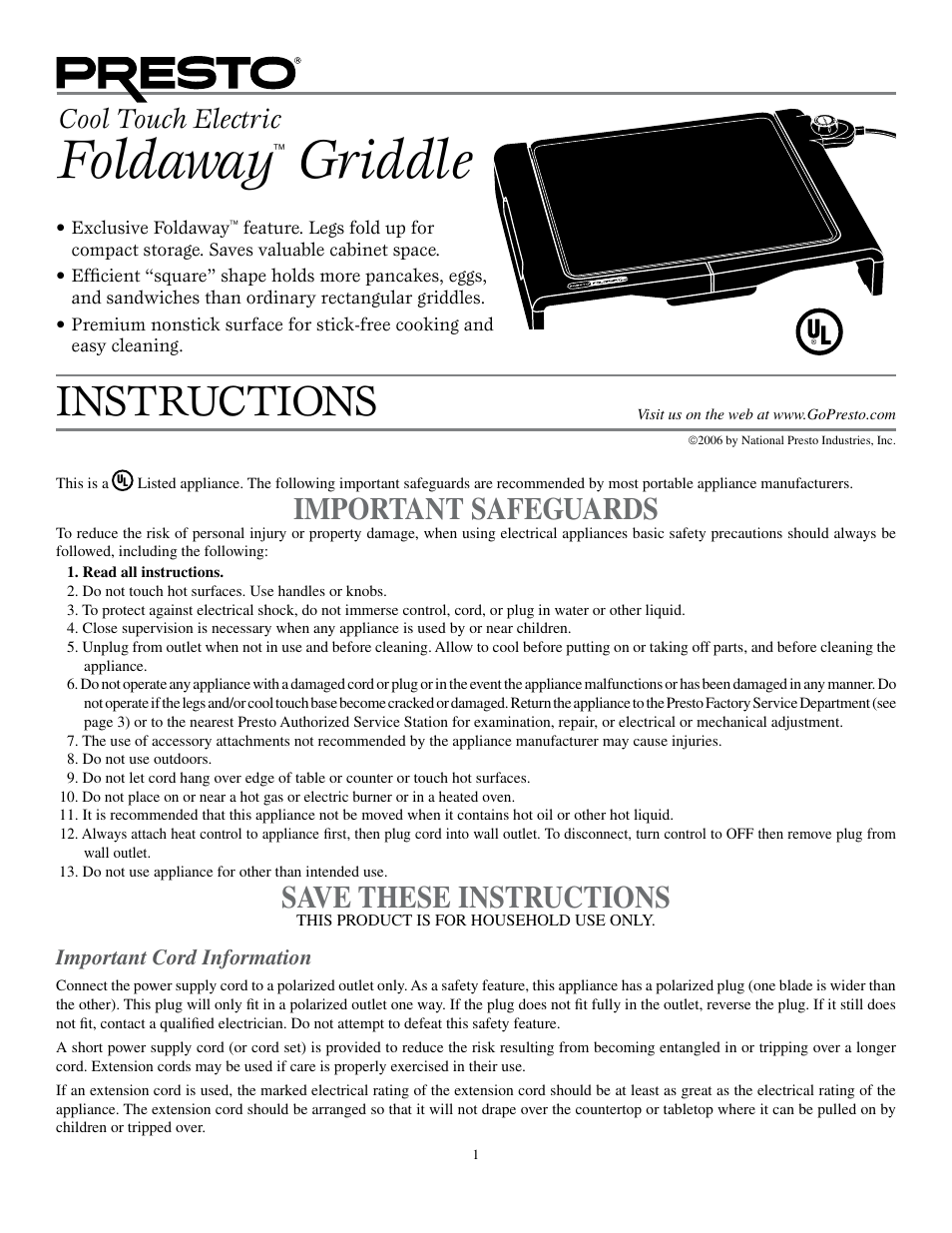 Presto Cool Touch Electric Foldaway Griddle User Manual | 3 pages