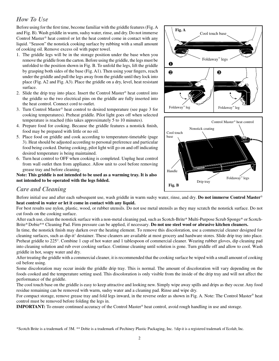 How to use, Care and cleaning | Presto Cool Touch Electric Foldaway Griddle User Manual | Page 2 / 3