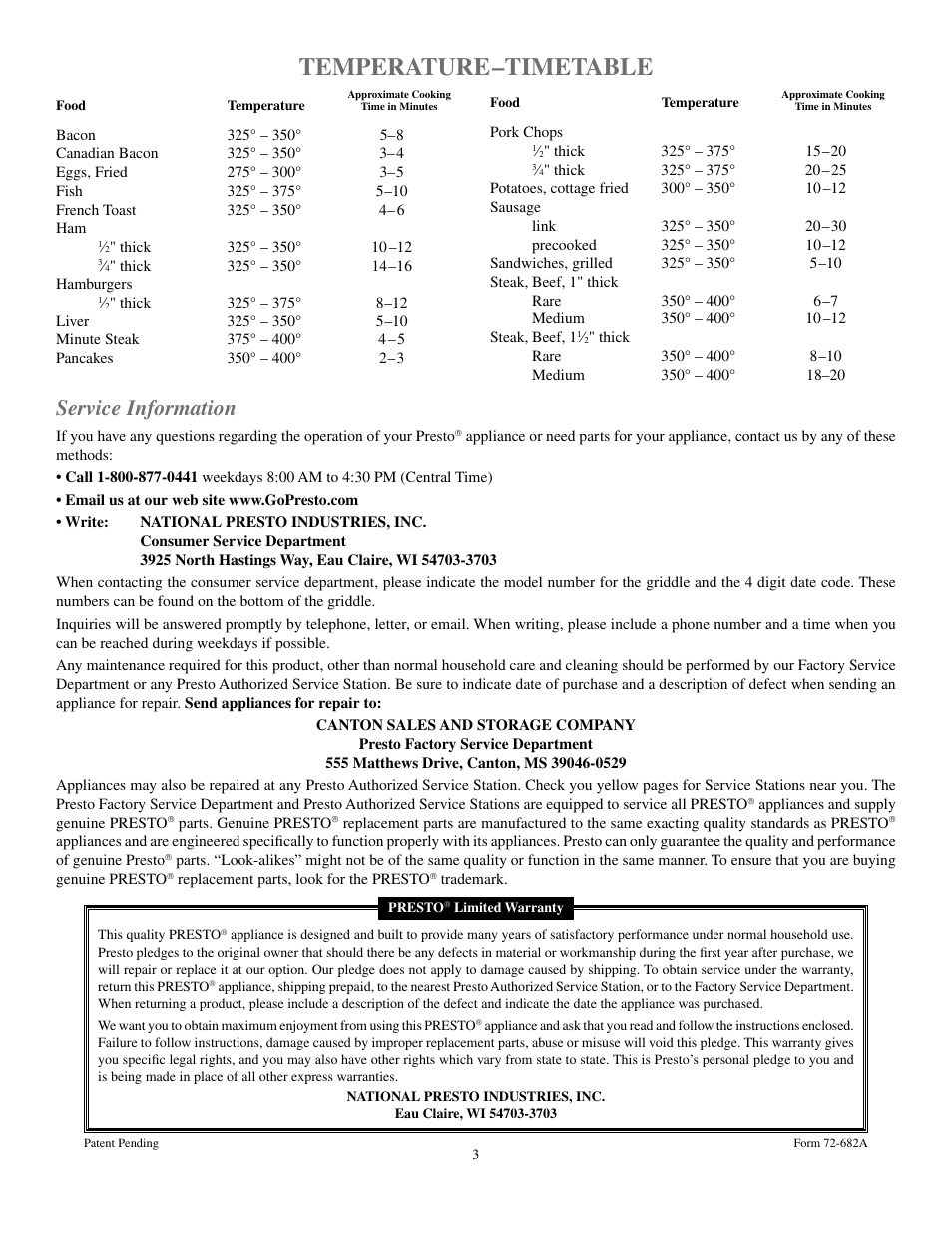 Temperature–timetable, Service information | Presto Cool Touch Electric Foldaway Griddle User Manual | Page 3 / 3
