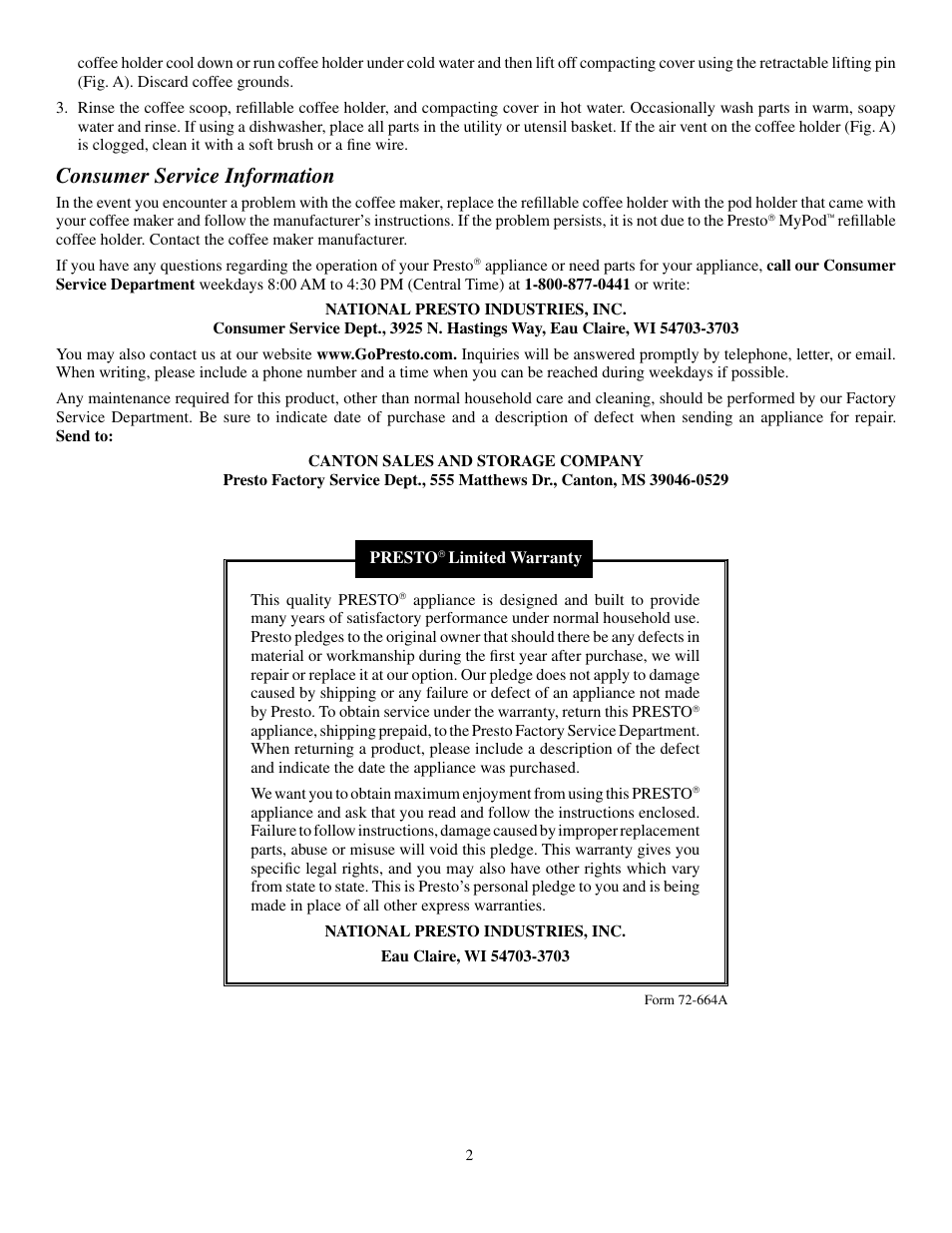 Consumer service information | Presto 09401 User Manual | Page 2 / 3