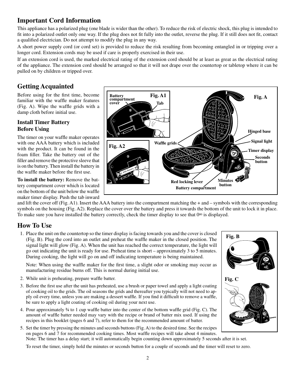 Important cord information, Getting acquainted, How to use | Presto Belgian FlipSide User Manual | Page 2 / 5
