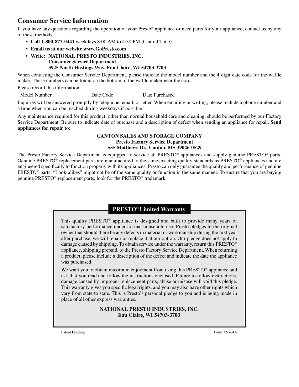 Consumer service information, Presto, Limited warranty | Presto Belgian FlipSide User Manual | Page 5 / 5