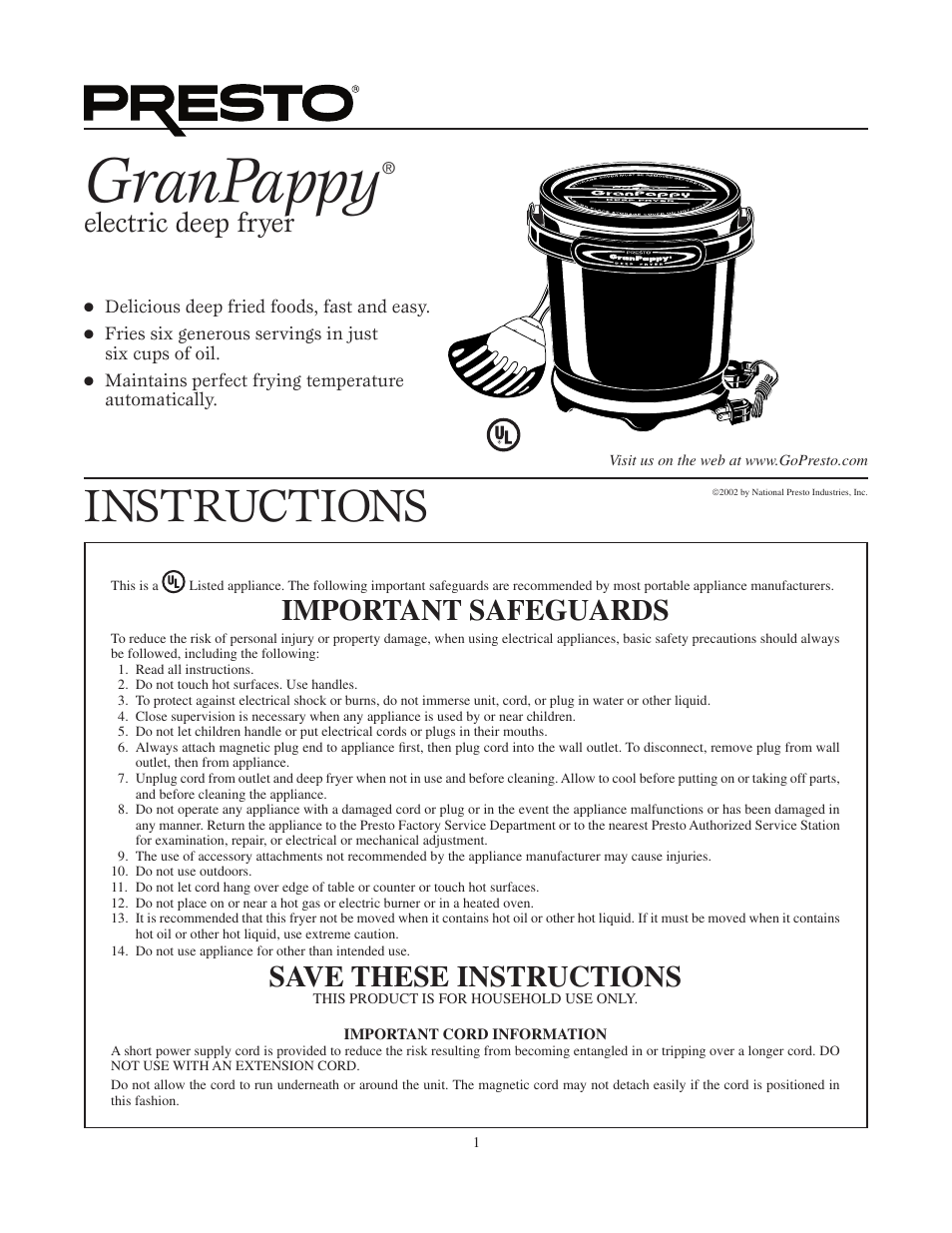 Presto GranPappy User Manual | 4 pages