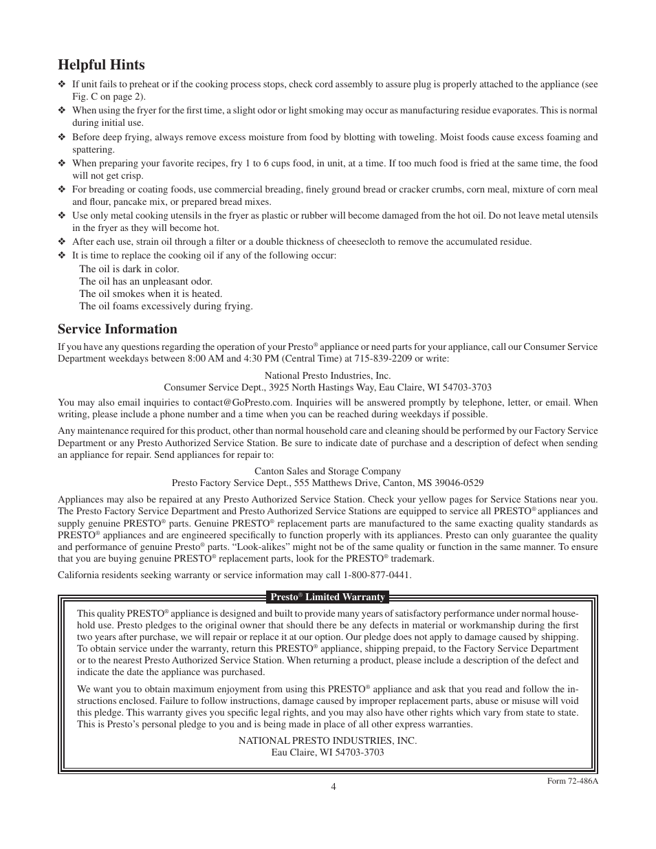 Helpful hints, Service information | Presto GranPappy User Manual | Page 4 / 4