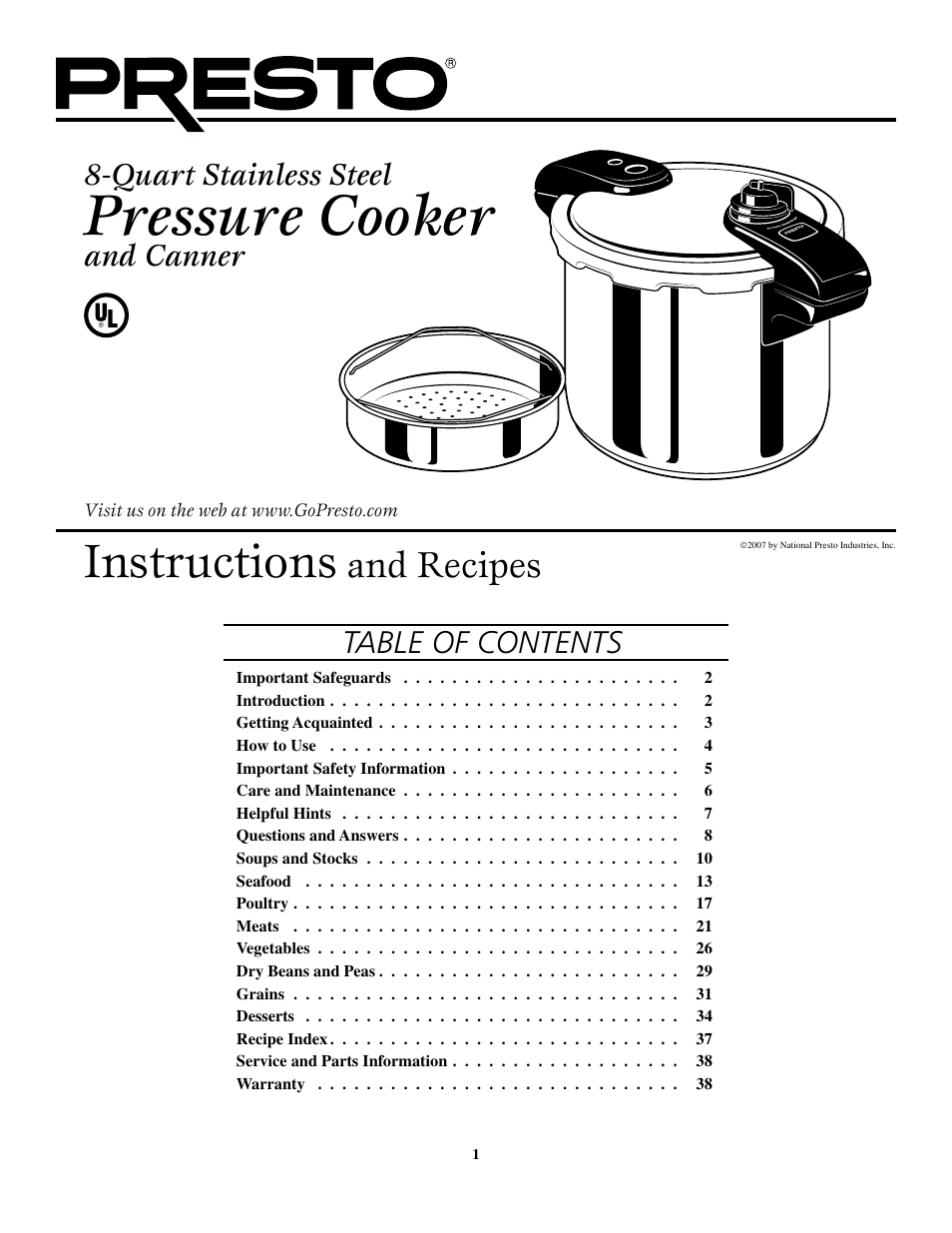 Presto 8-Quart Stainless Steel Pressure Cooker and Canner User Manual | 38 pages
