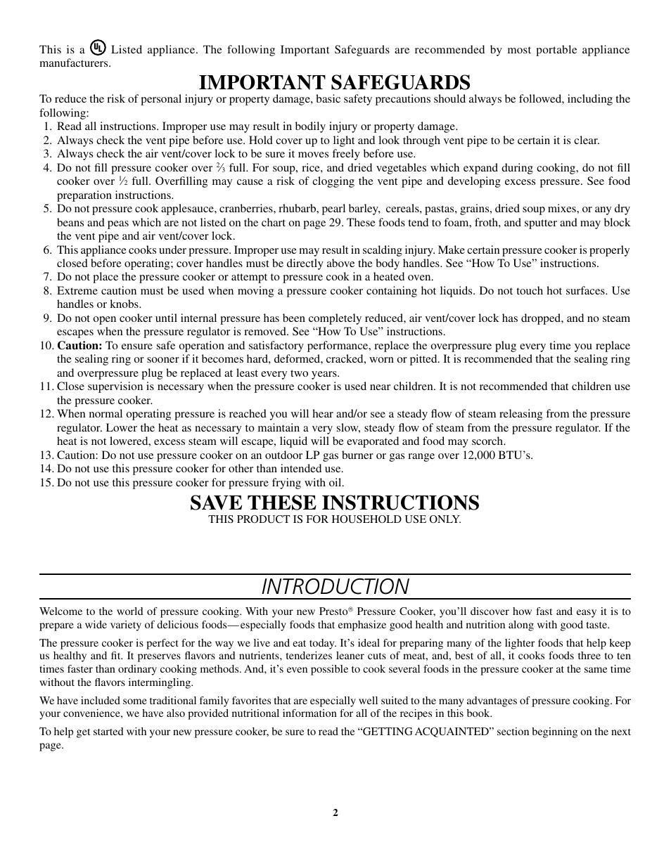 Introduction, Important safeguards, Save these instructions | Presto 8-Quart Stainless Steel Pressure Cooker and Canner User Manual | Page 2 / 38