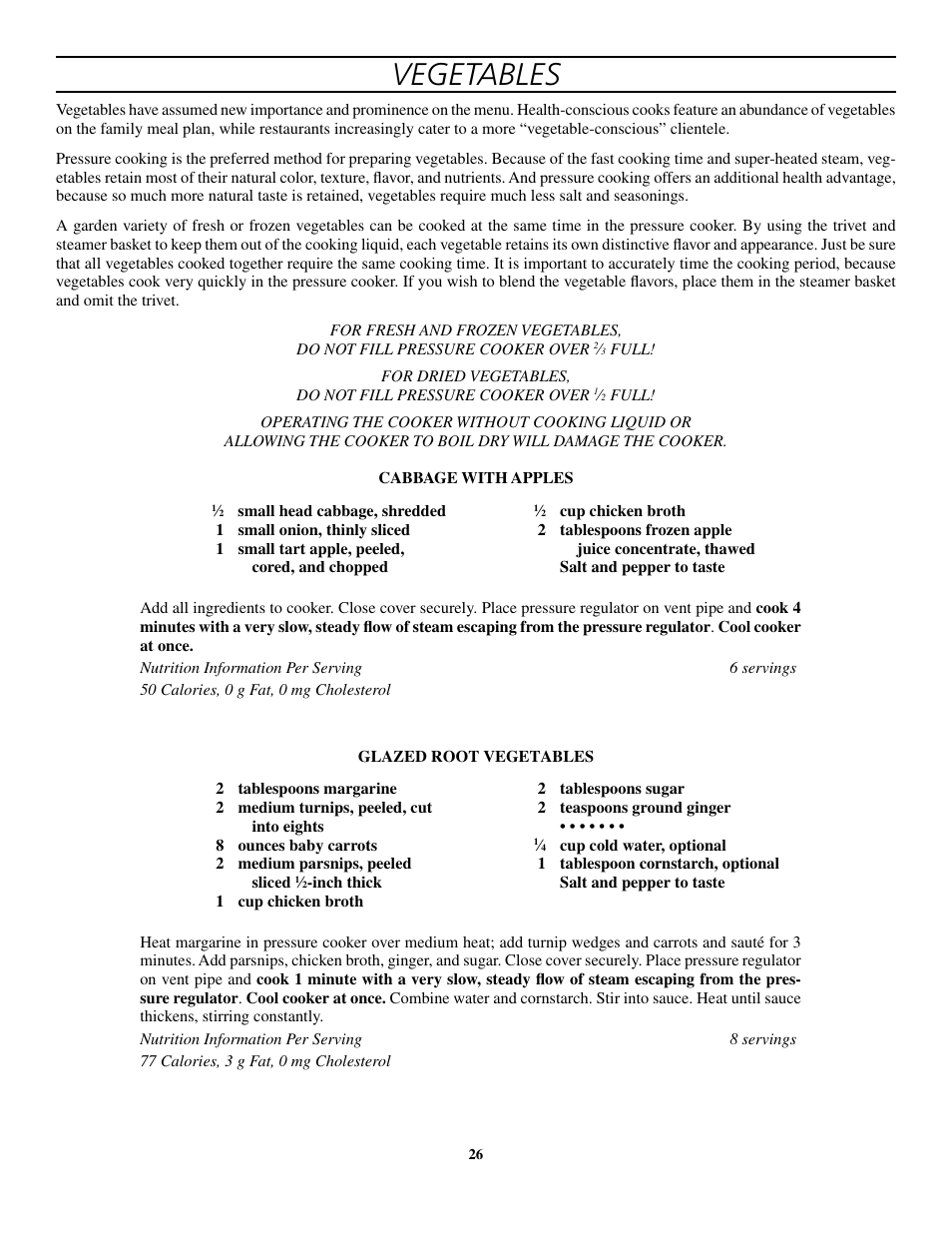 Vegetables | Presto 8-Quart Stainless Steel Pressure Cooker and Canner User Manual | Page 26 / 38