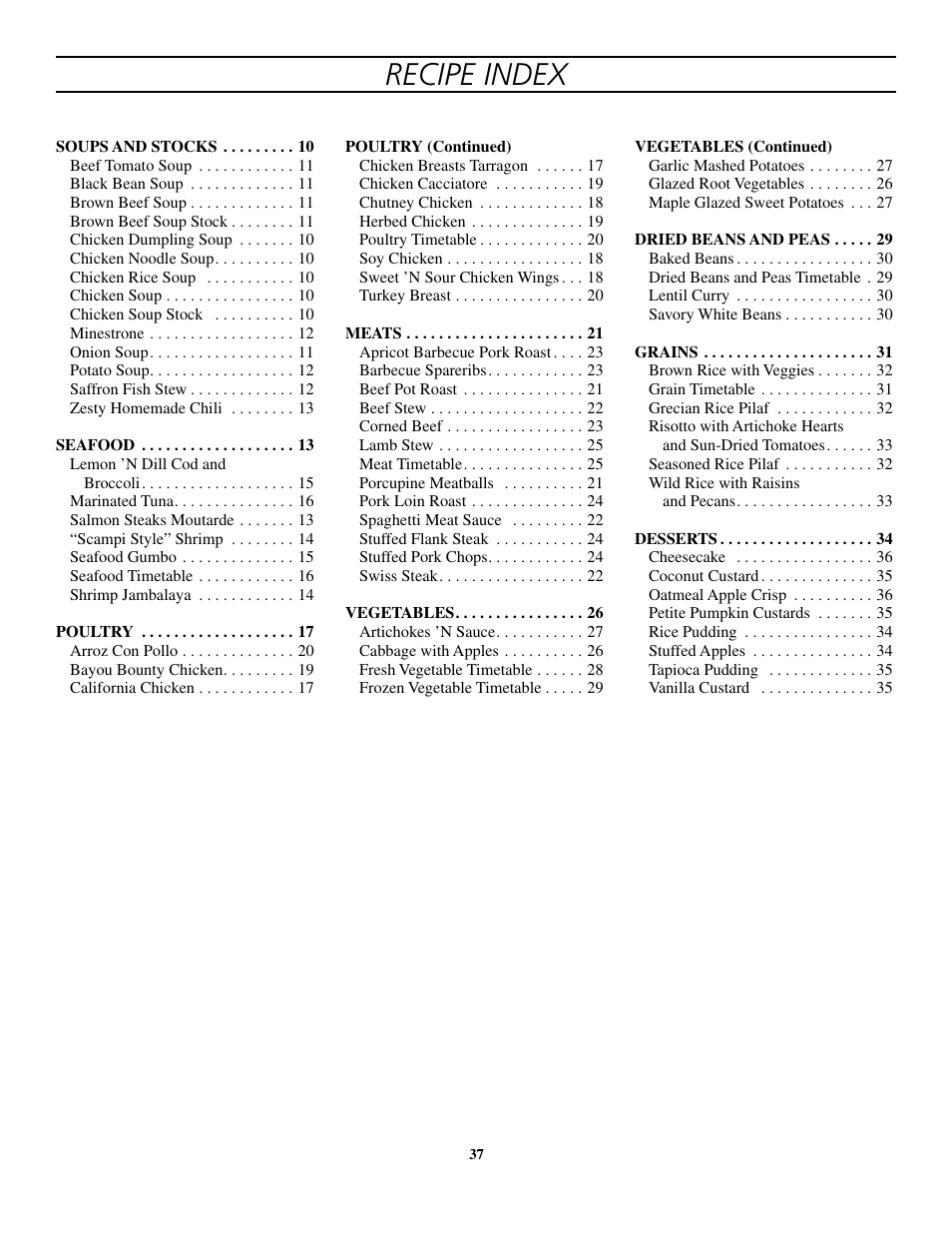 Recipe index | Presto 8-Quart Stainless Steel Pressure Cooker and Canner User Manual | Page 37 / 38