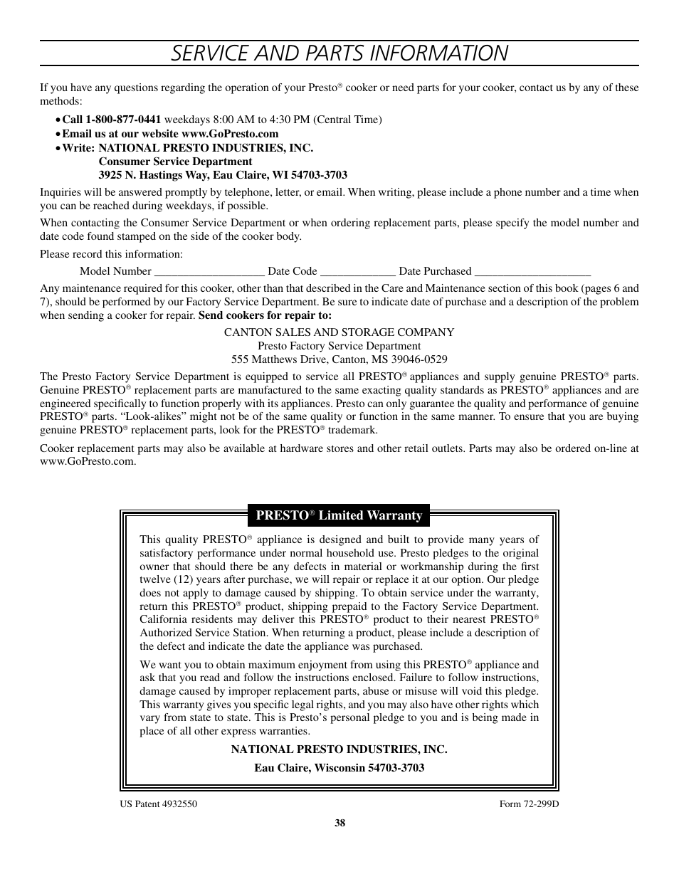 Service and parts information | Presto 8-Quart Stainless Steel Pressure Cooker and Canner User Manual | Page 38 / 38