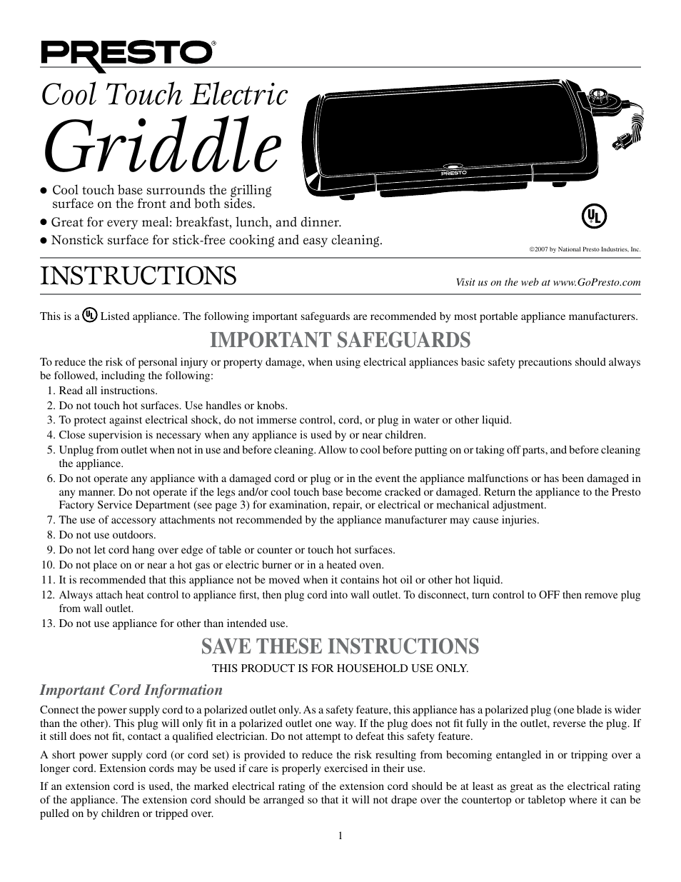 Presto Cool Touch Electric Griddle User Manual | 3 pages
