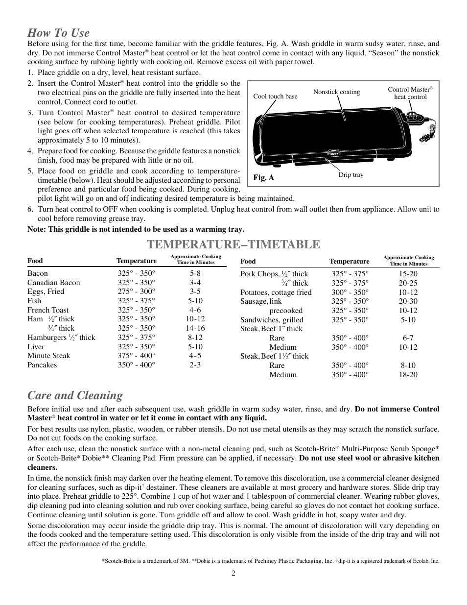 Temperature–timetable, How to use, Care and cleaning | Presto Cool Touch Electric Griddle User Manual | Page 2 / 3