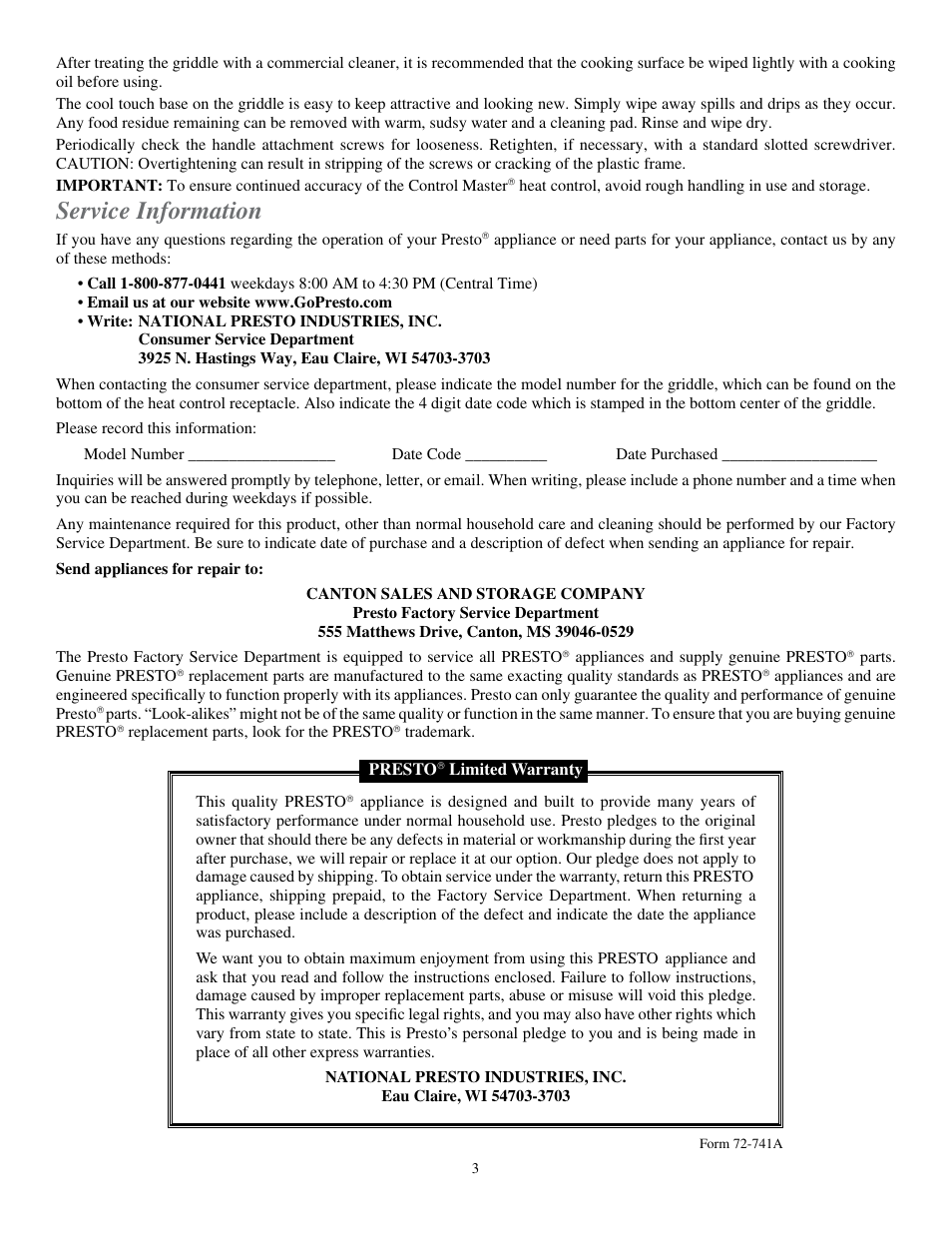 Service information | Presto Cool Touch Electric Griddle User Manual | Page 3 / 3