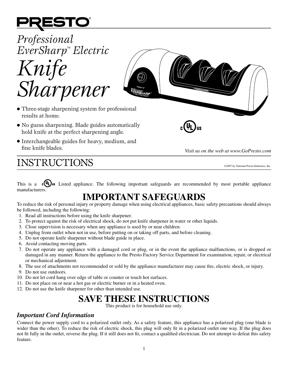 Presto Electric Knife Sharpener User Manual | 5 pages