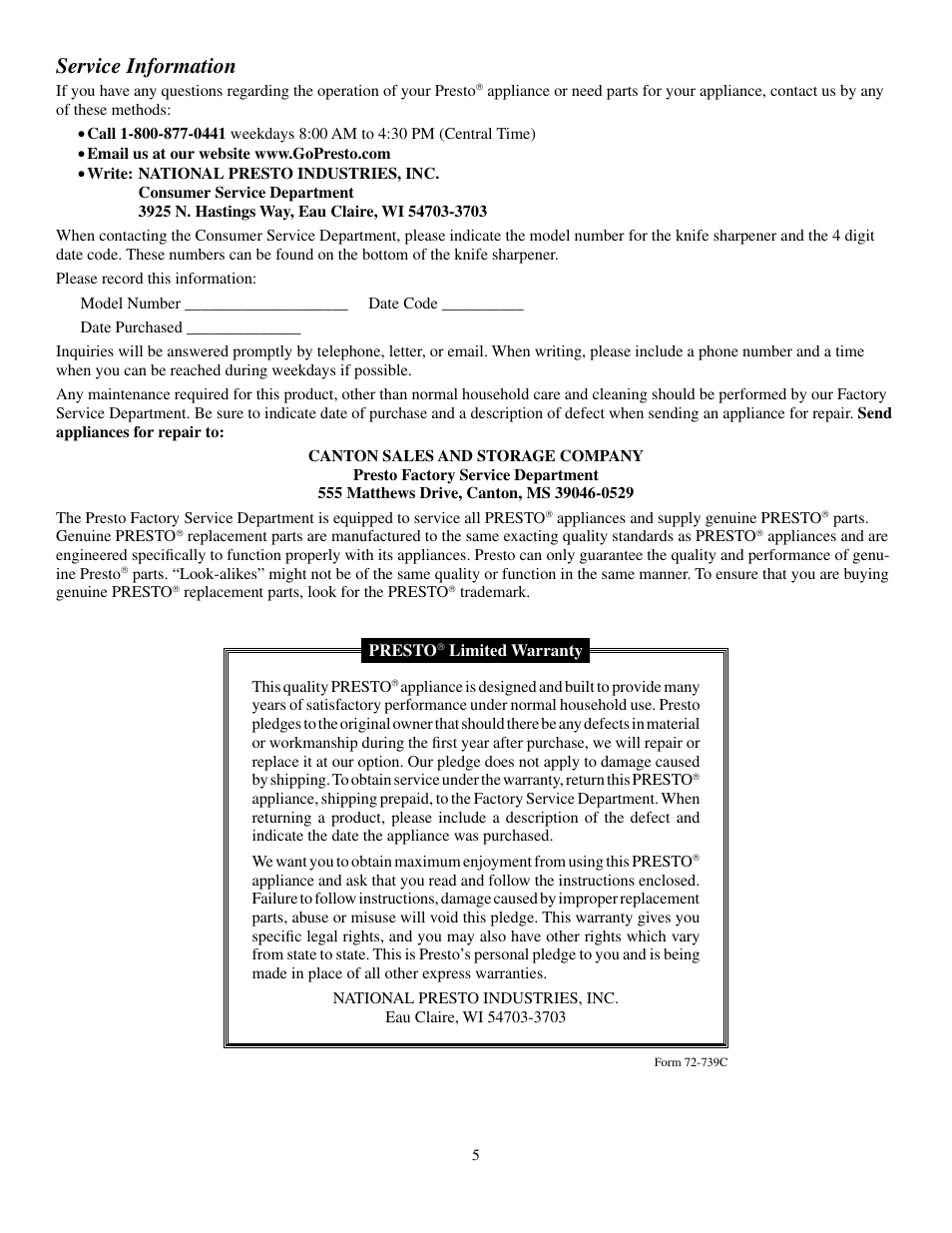 Service information | Presto Electric Knife Sharpener User Manual | Page 5 / 5