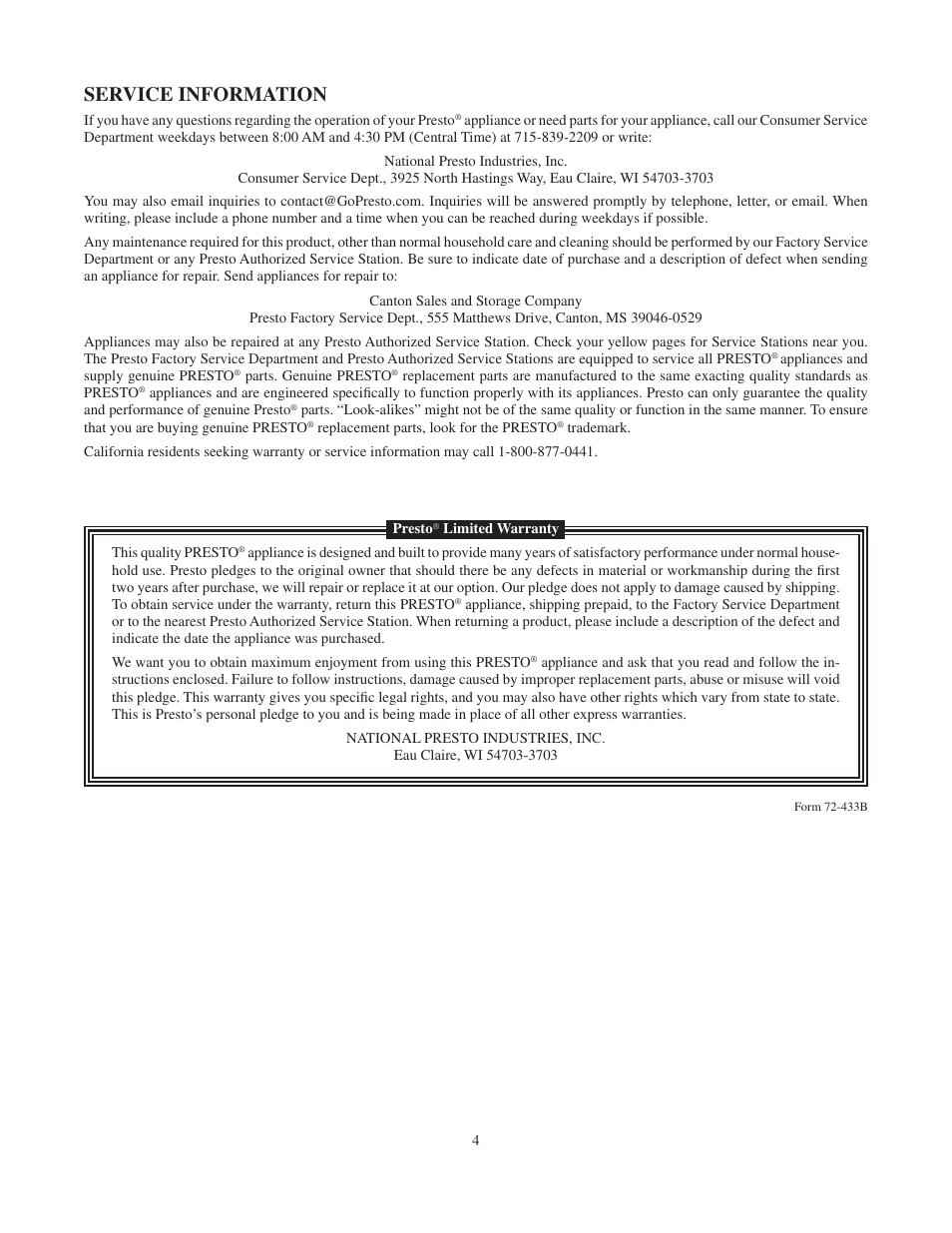 Service information | Presto Electric Skille User Manual | Page 4 / 4