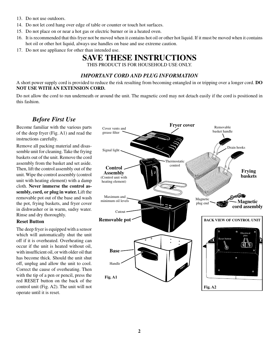 Save these instructions, Before first use, Important cord and plug information | Presto Dual Basket ProFry User Manual | Page 2 / 8