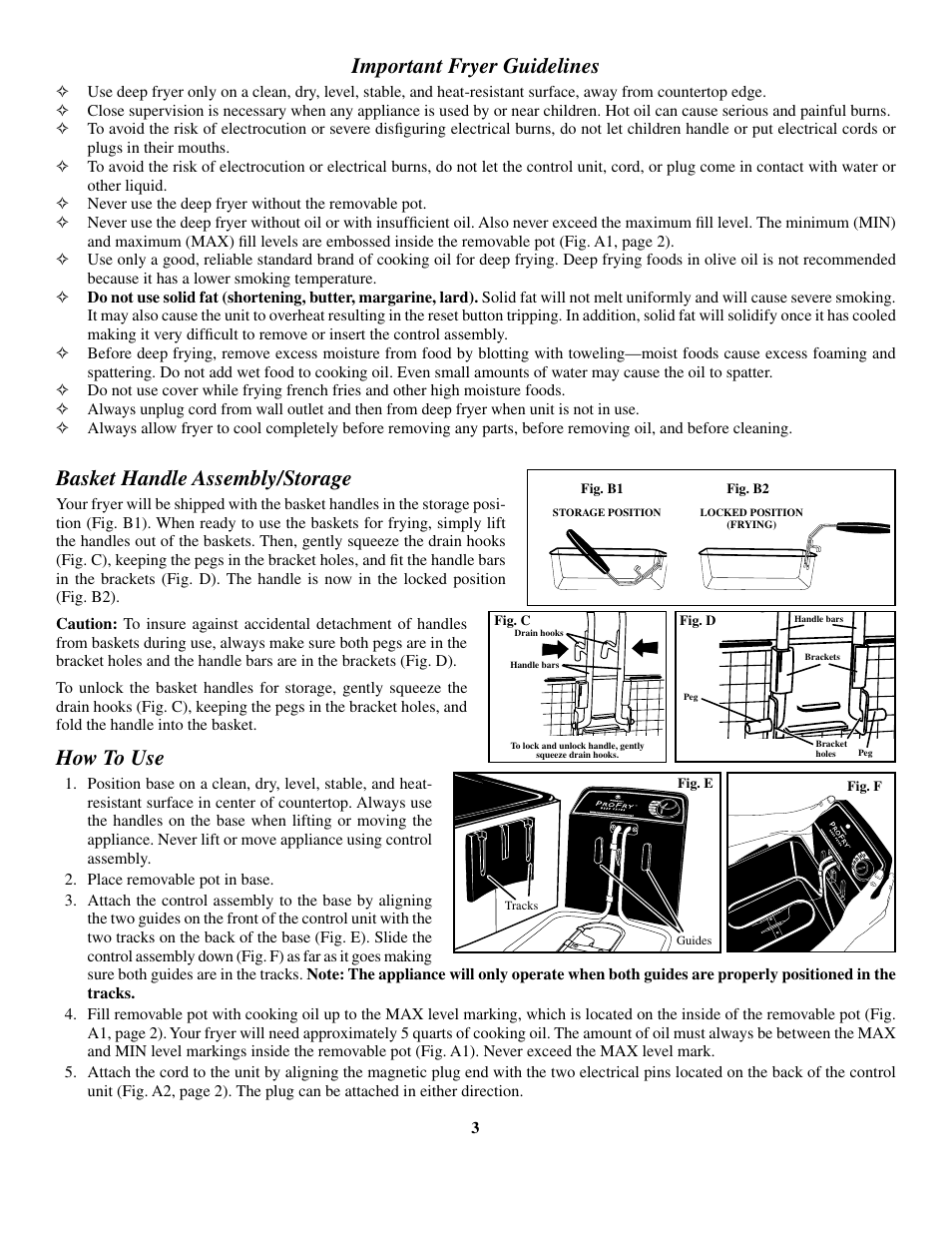 Important fryer guidelines, Basket handle assembly/storage, How to use | Presto Dual Basket ProFry User Manual | Page 3 / 8