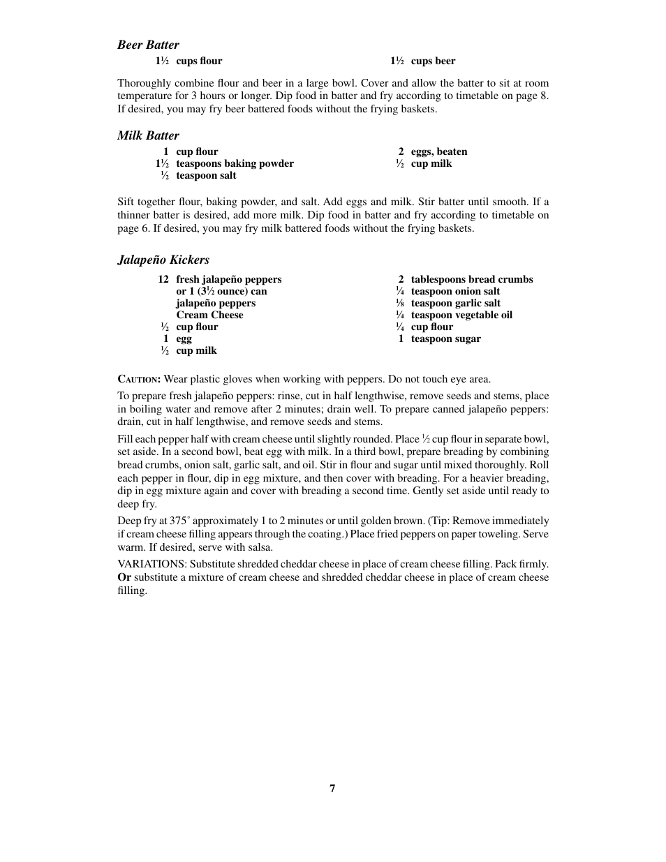 Milk batter, Jalapeño kickers, Beer batter | Presto Dual Basket ProFry User Manual | Page 7 / 8