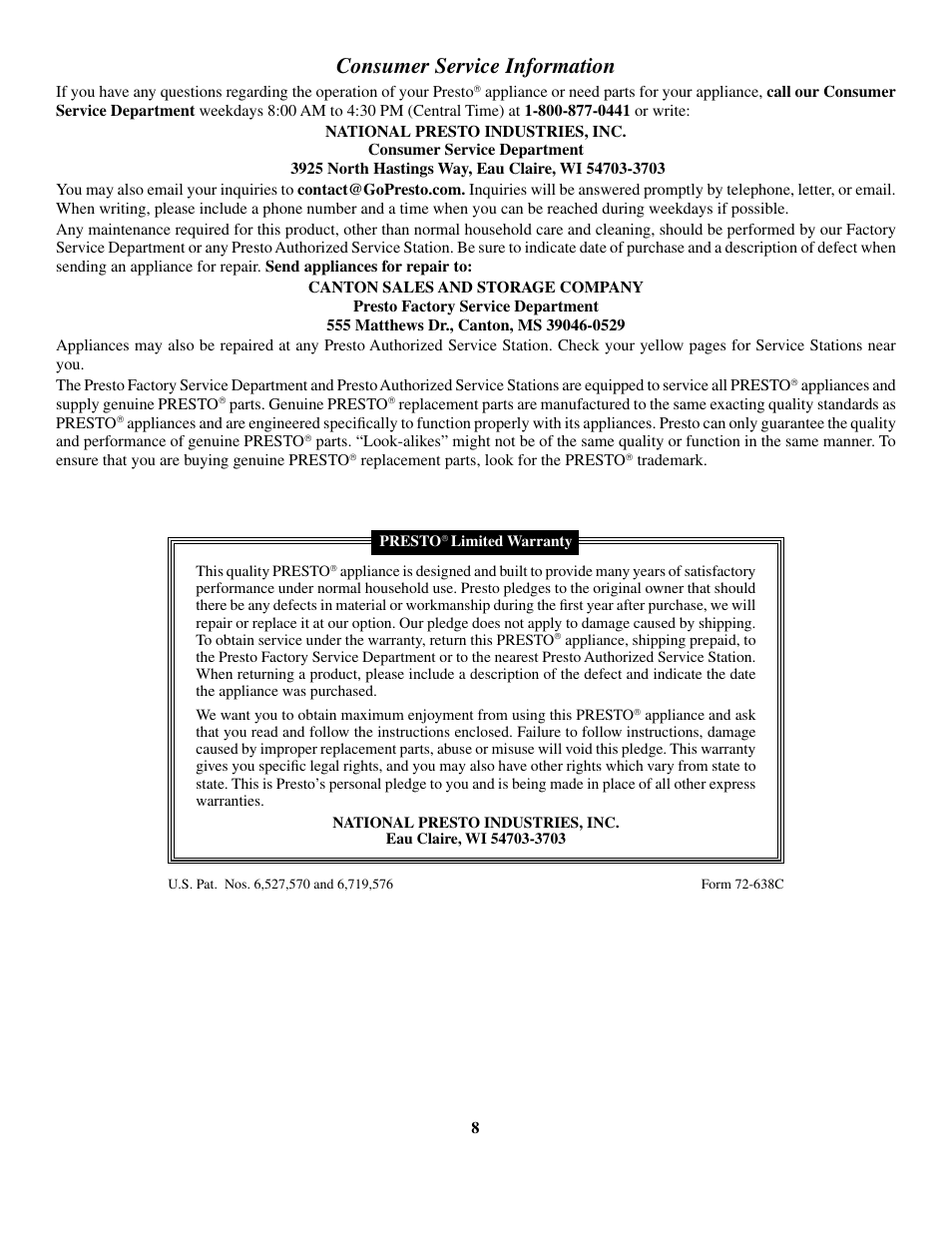 Consumer service information | Presto Dual Basket ProFry User Manual | Page 8 / 8