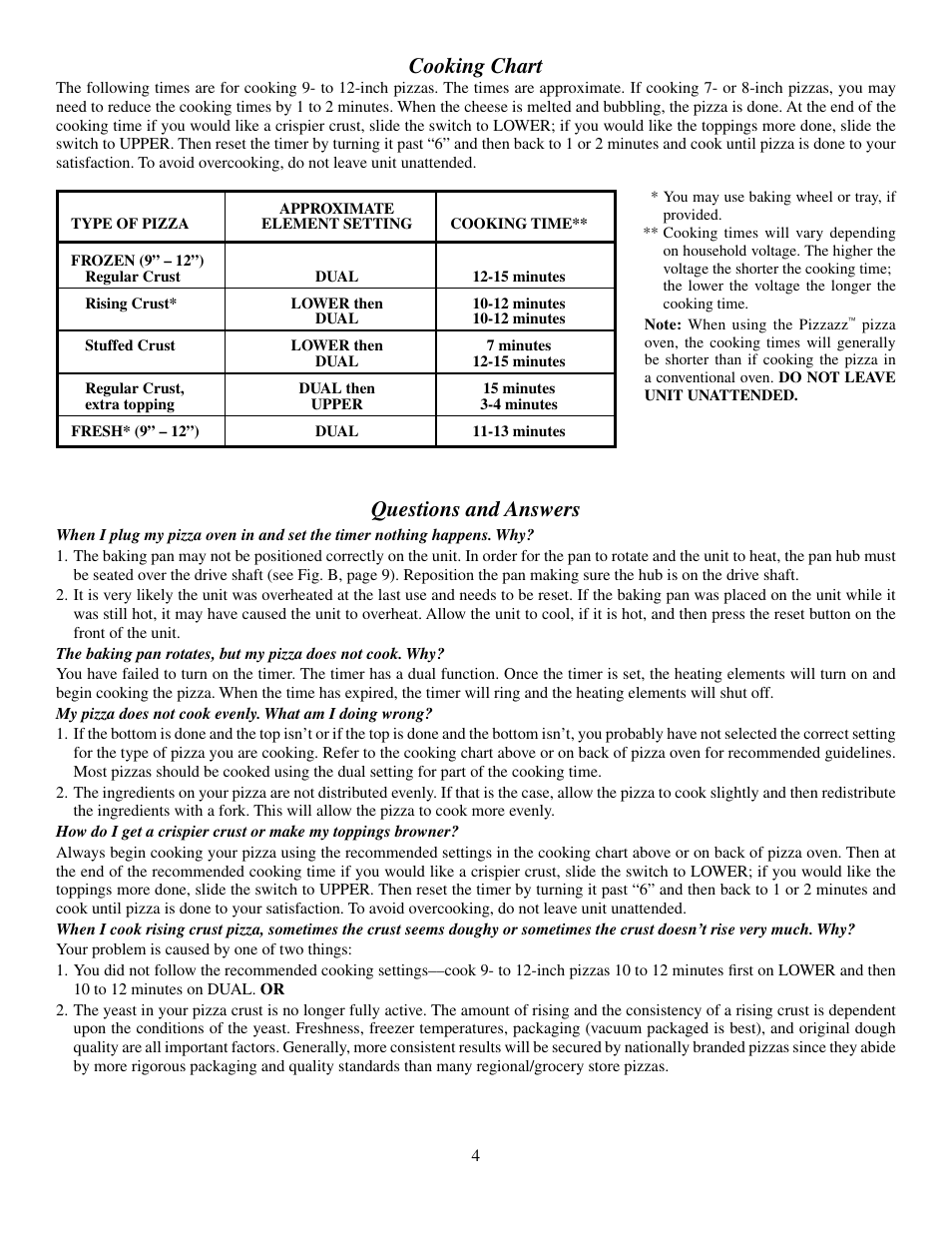 Cooking chart, Questions and answers | Presto Pizzazz Oven User Manual | Page 4 / 6