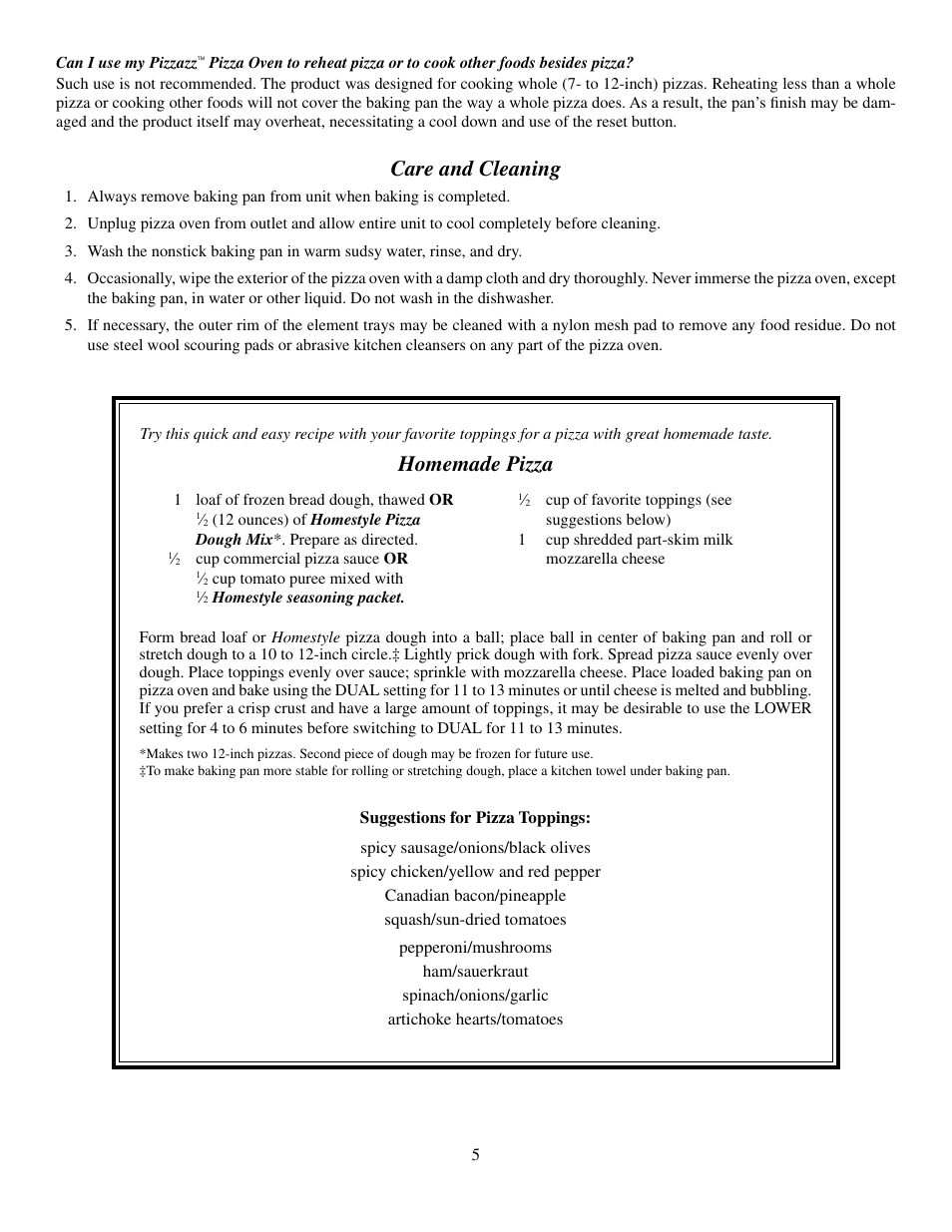 Care and cleaning, Homemade pizza | Presto Pizzazz Oven User Manual | Page 5 / 6