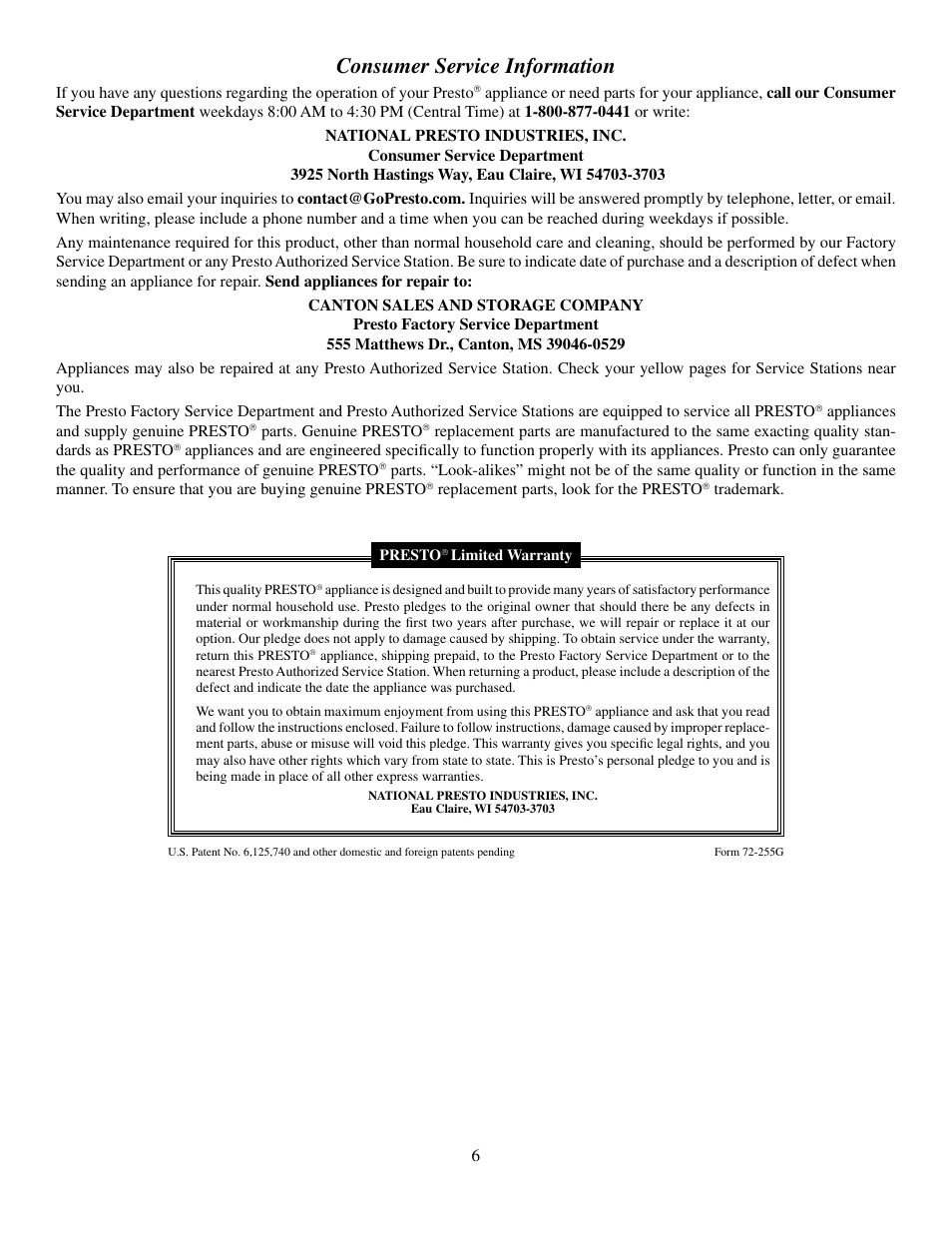 Consumer service information | Presto Pizzazz Oven User Manual | Page 6 / 6