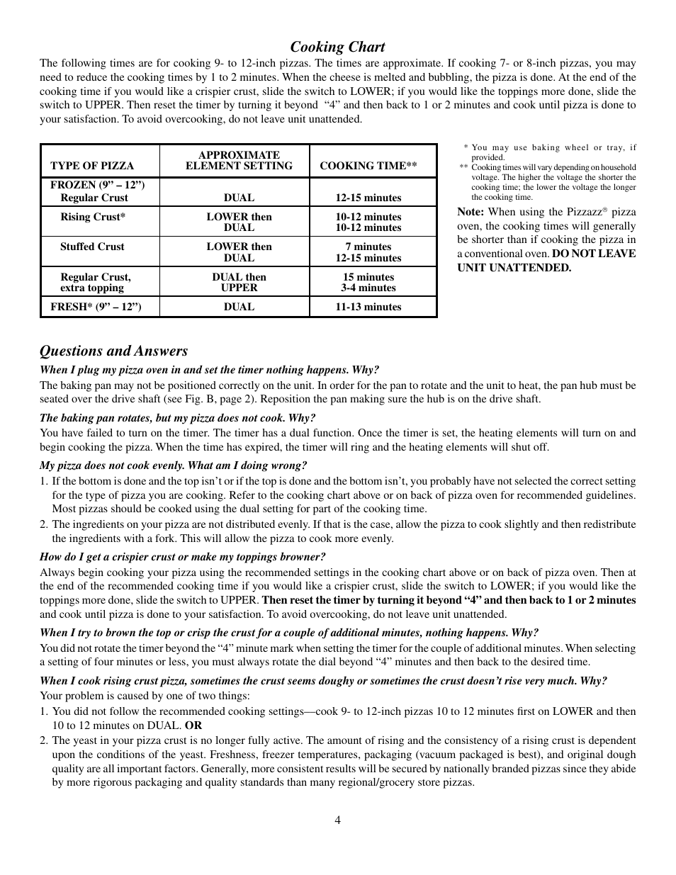 Questions and answers, Cooking chart | Presto Kitchen Utensil User Manual | Page 4 / 6