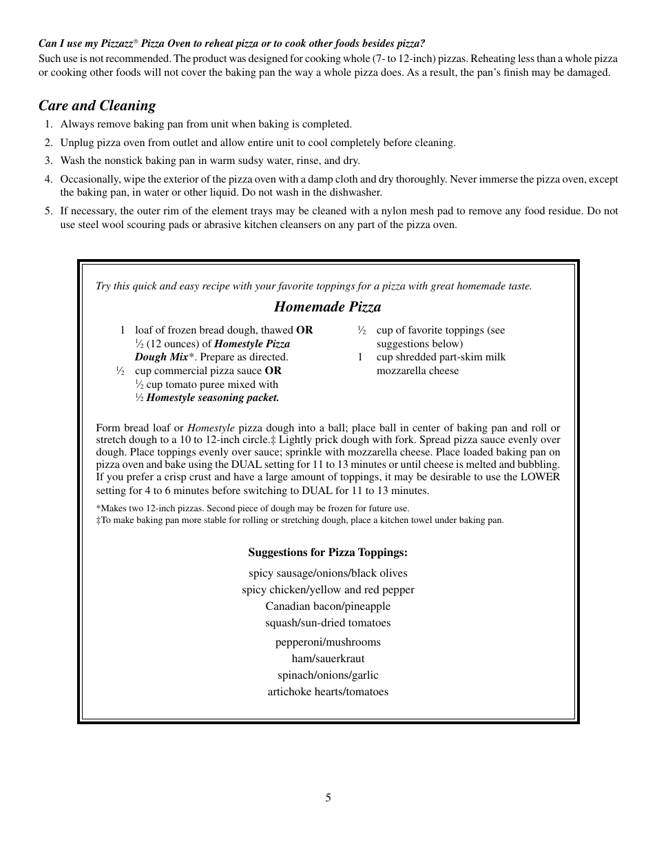 Homemade pizza, Care and cleaning | Presto Kitchen Utensil User Manual | Page 5 / 6