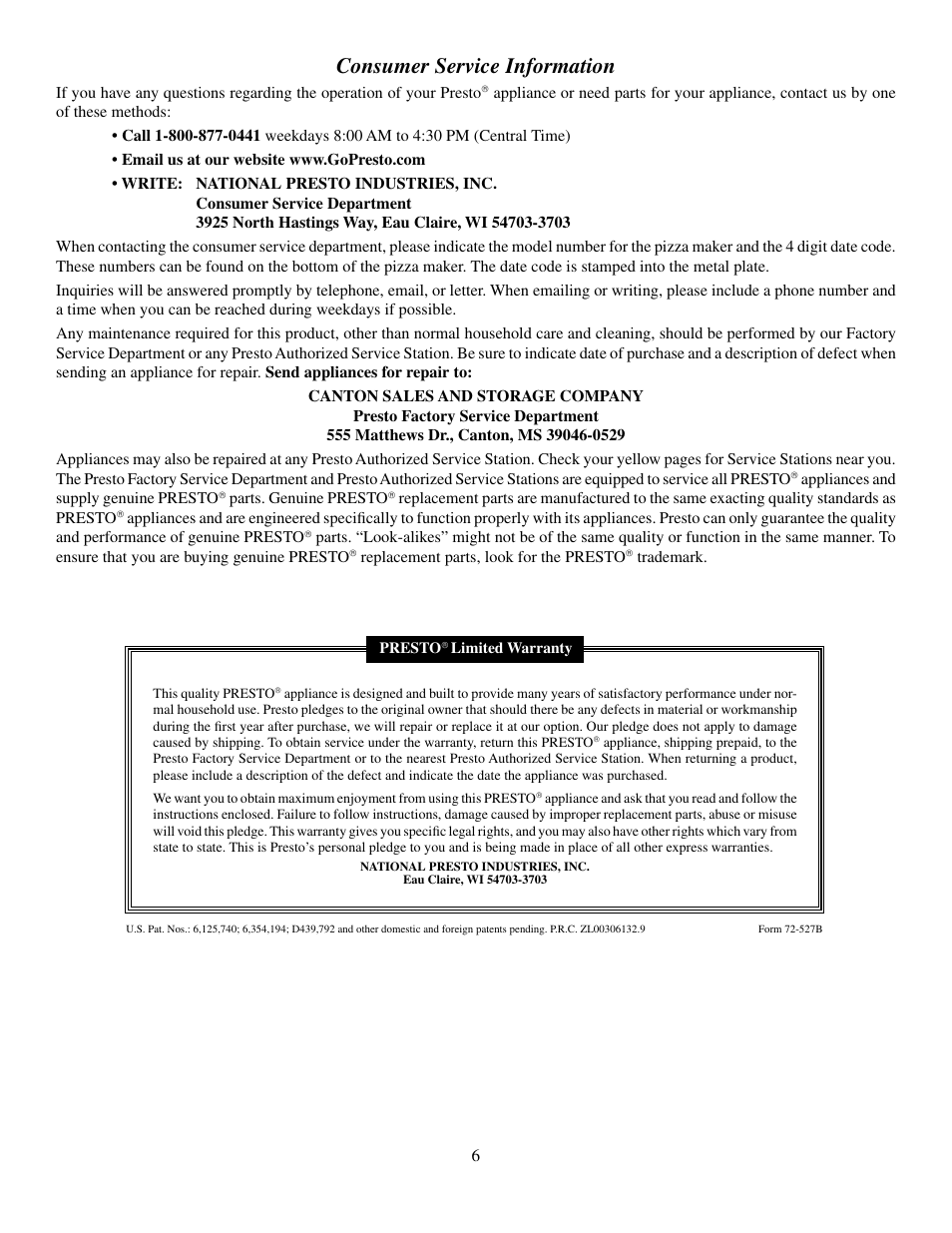 Consumer service information | Presto Kitchen Utensil User Manual | Page 6 / 6