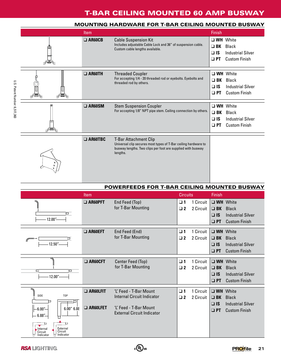 T-bar ceiling mounted 60 amp busway | Profile SERIES 60 AMP BUSWAY User Manual | Page 18 / 26