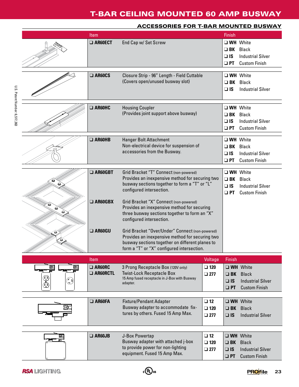 T-bar ceiling mounted 60 amp busway | Profile SERIES 60 AMP BUSWAY User Manual | Page 20 / 26