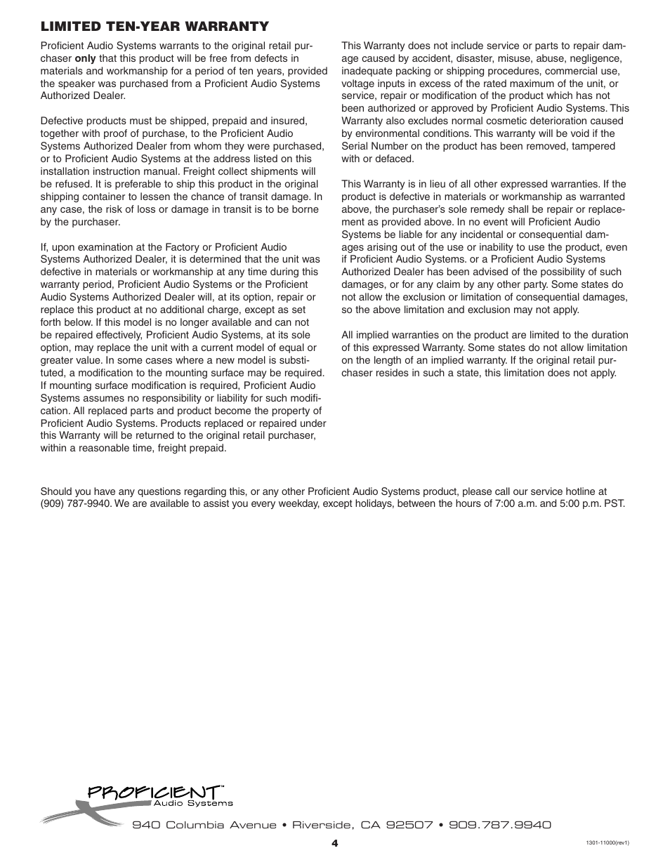 Limited ten-year warranty | Proficient Audio Systems Proficient C610 User Manual | Page 4 / 4