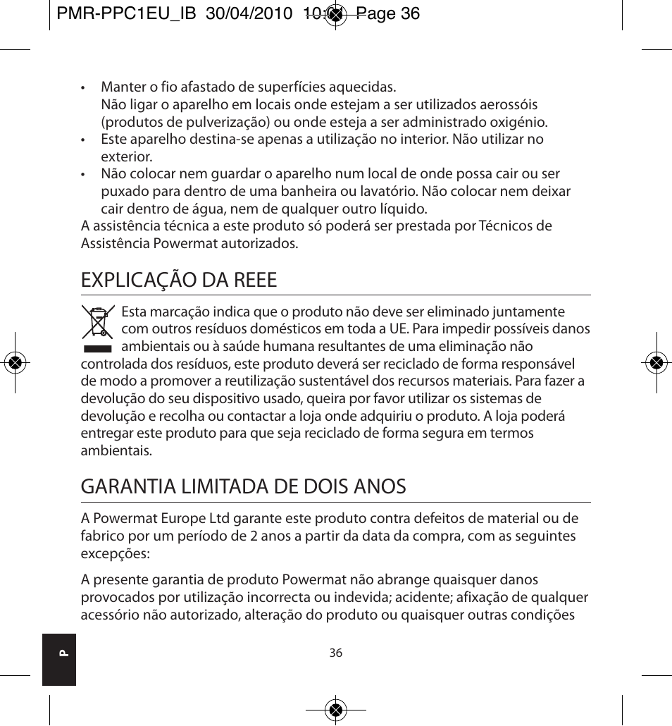 Explicação da reee, Garantia limitada de dois anos | Powermatic POWERMAT PMR-PPC1EU_IB User Manual | Page 36 / 44