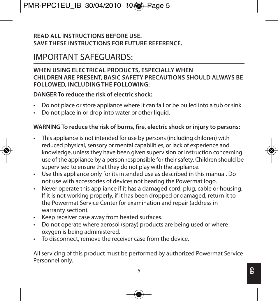 Important safeguards | Powermatic POWERMAT PMR-PPC1EU_IB User Manual | Page 5 / 44