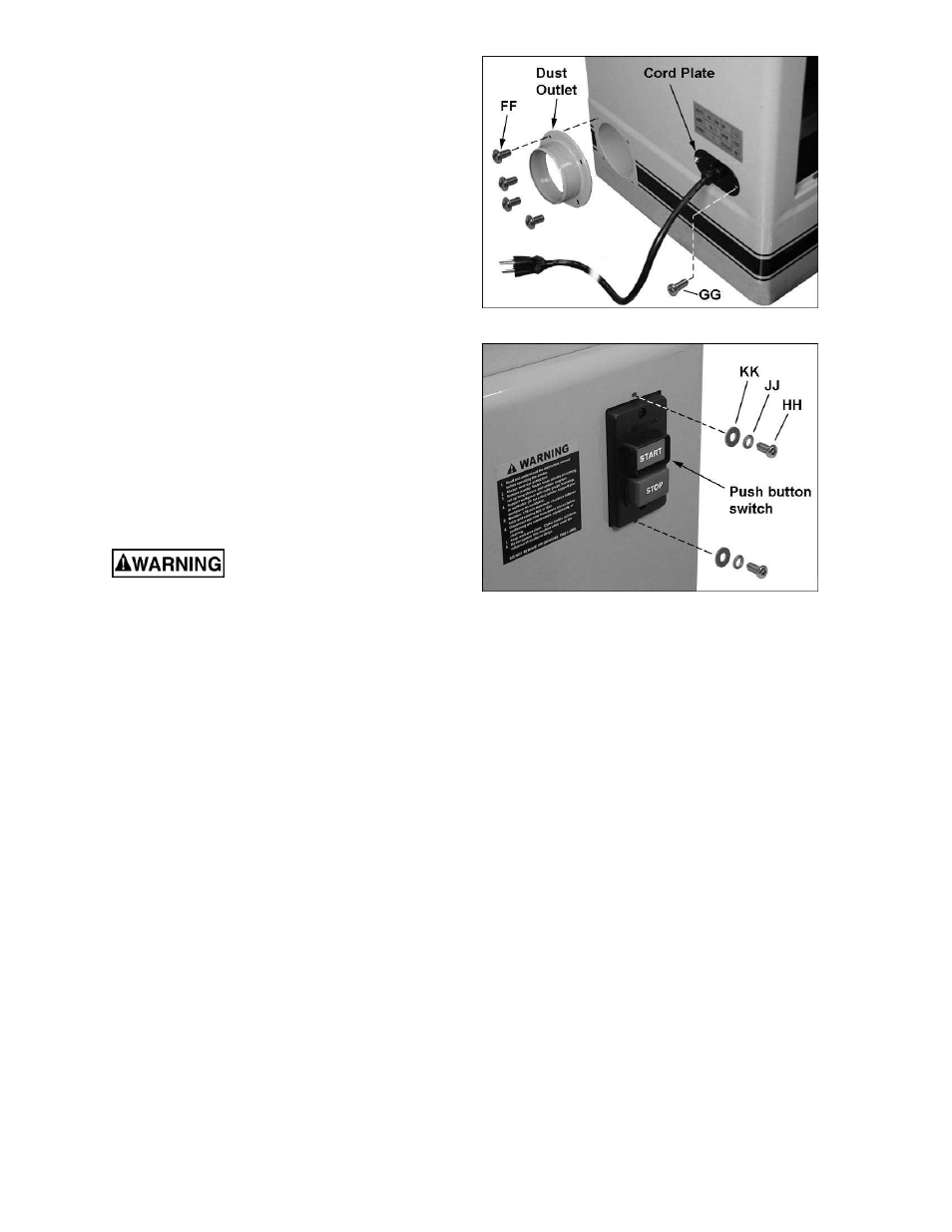 Dust outlet and cord plate, Switch (single phase model), Electrical connections | Powermatic 1791291K User Manual | Page 13 / 32