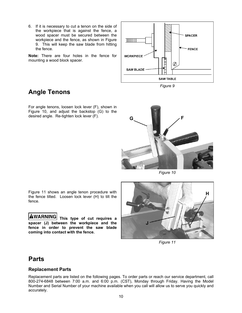 Angle tenons, Parts, Replacement parts | Powermatic JTG-10Q User Manual | Page 10 / 12