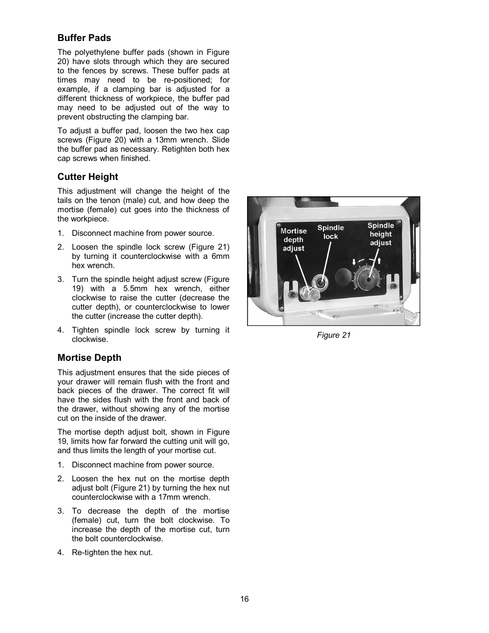 Buffer pads, Cutter height, Mortise depth | Powermatic Single End Dovetailer DT45 User Manual | Page 16 / 32