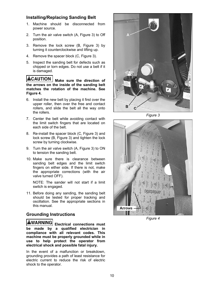 Installing/replacing sanding belt, Grounding instructions | Powermatic WB-25 User Manual | Page 10 / 68