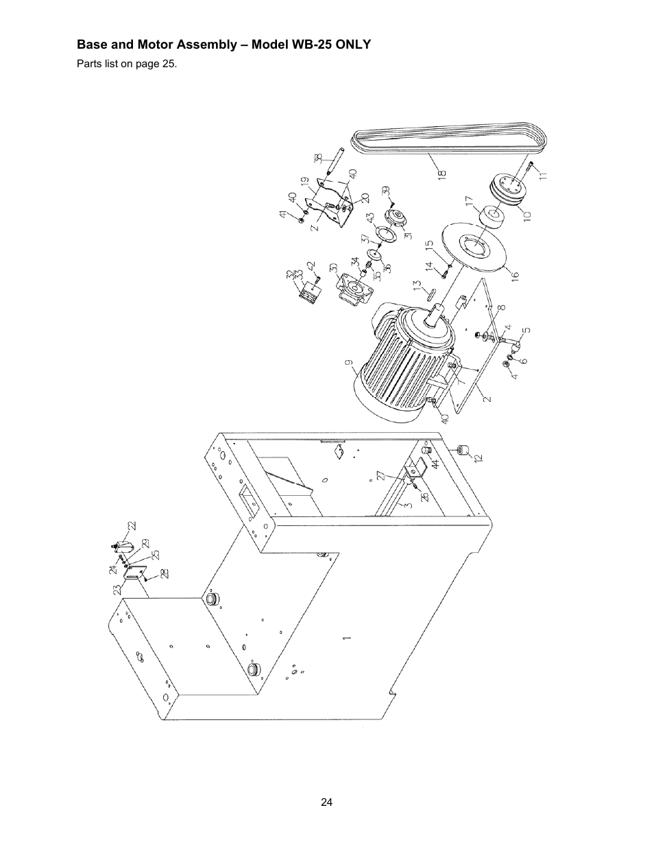 Parts, Base and motor assembly – model wb-25 | Powermatic WB-25 User Manual | Page 24 / 68