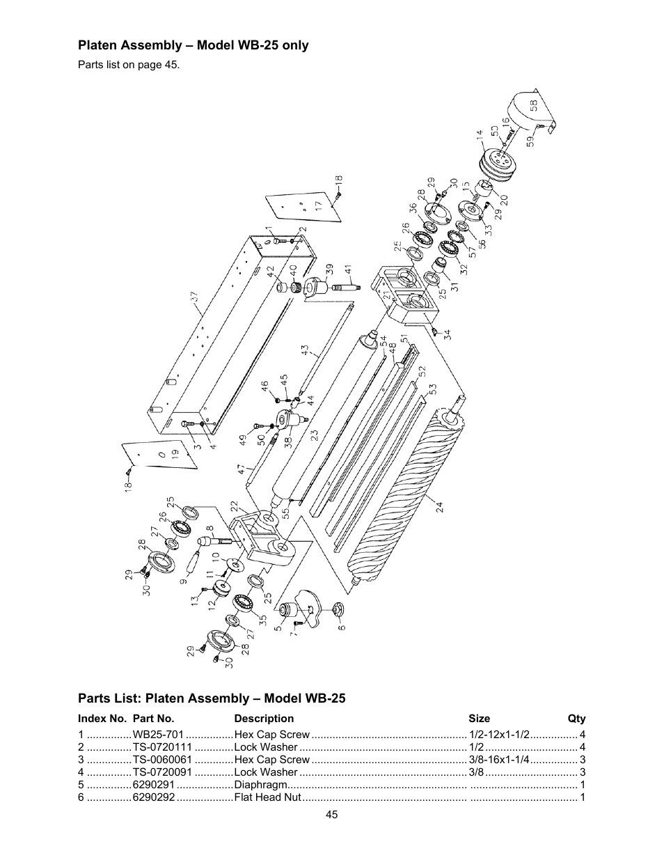 Platen assembly – model wb-25 only | Powermatic WB-25 User Manual | Page 45 / 68