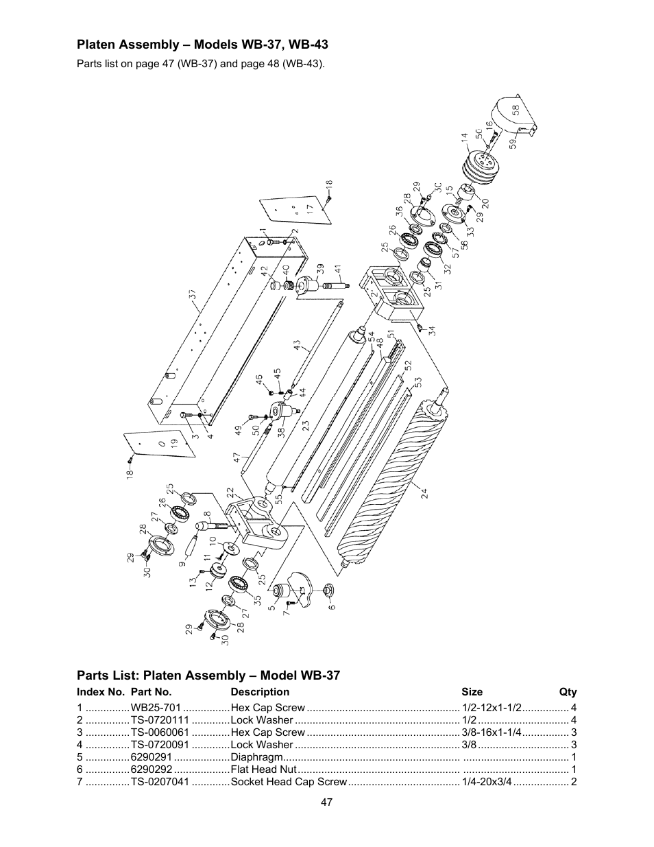 Platen assembly – models wb-37, wb-43 | Powermatic WB-25 User Manual | Page 47 / 68