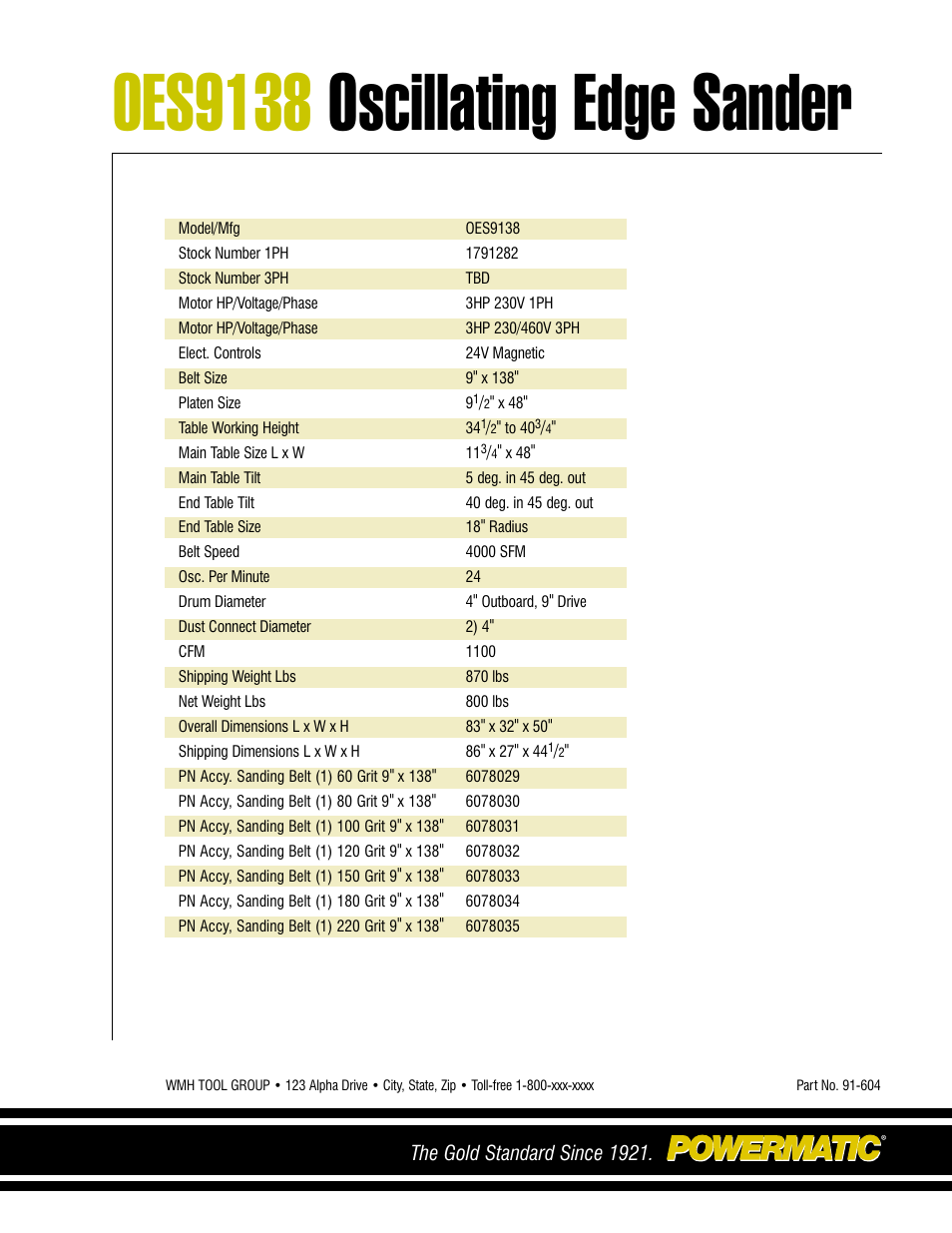 Oes9138 oscillating edge sander, The gold standard since 1921 | Powermatic OES9138 User Manual | Page 4 / 4