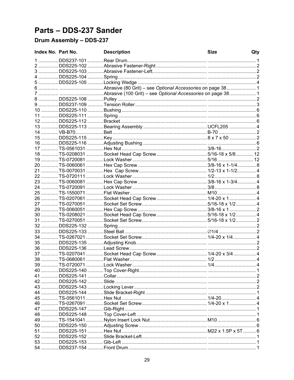 Parts – dds-237 sander, Drum assembly | Powermatic DDS-237 User Manual | Page 29 / 44