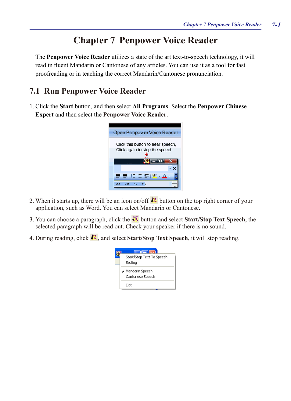Chapter 7 penpower voice reader, 1 run penpower voice reader, Chapter 7 | Penpower voice reader -1, 1 run penpower voice reader -1, Penpower voice reader | Penpower Chinease Expert PCE Scanner User Manual | Page 110 / 112
