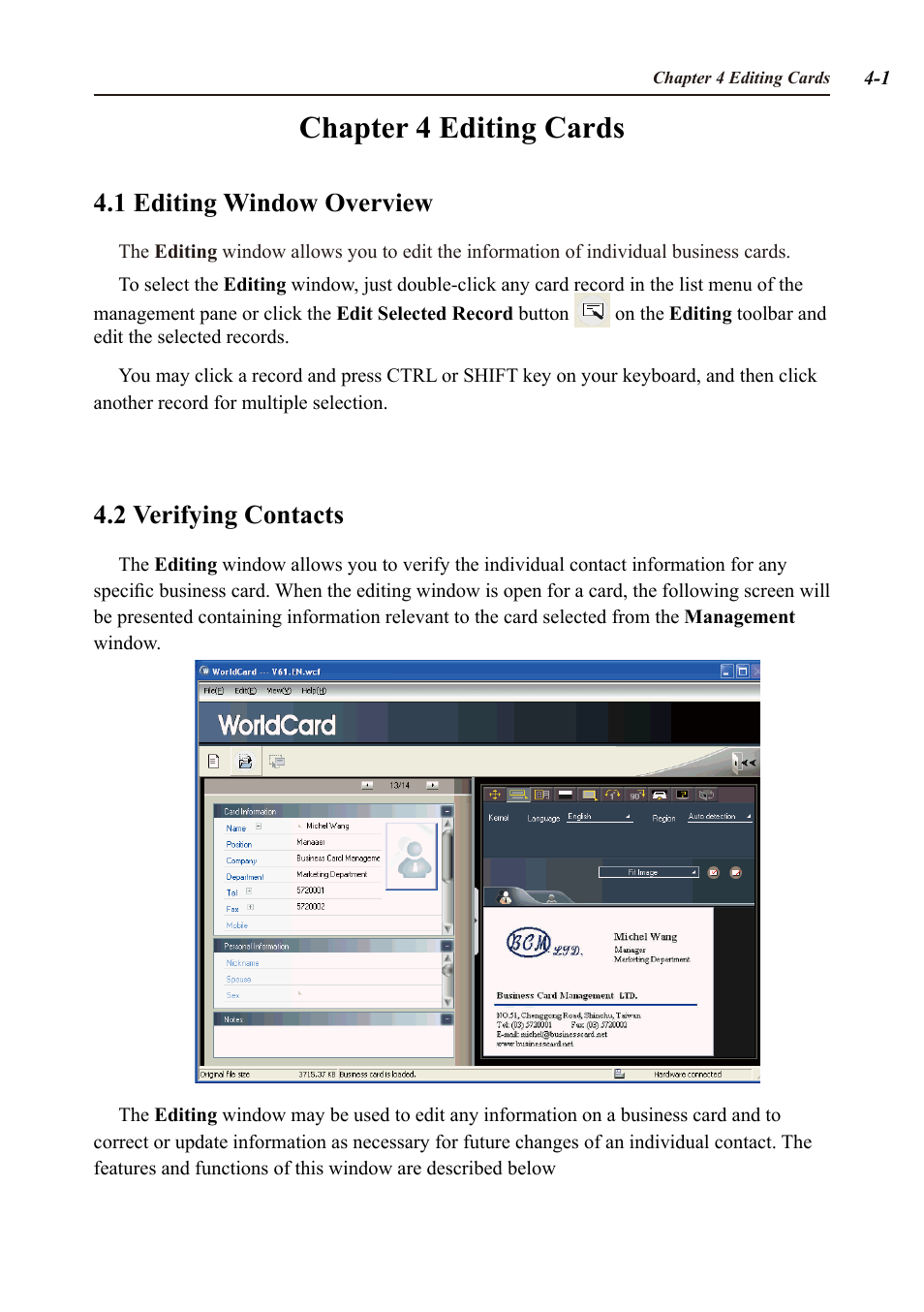 Chapter 4 editing cards, 1 editing window overview, 2 verifying contacts | Penpower WorldCard duet User Manual | Page 27 / 82