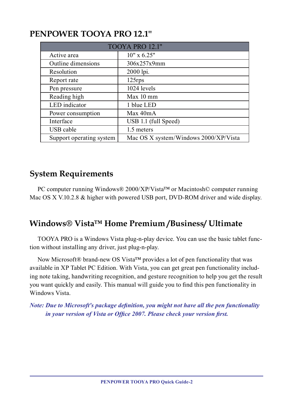 System requirements, Windows® vista™ home premium /business/ ultimate, Penpower tooya pro 12.1 | Penpower TOOYA PRO User Manual | Page 4 / 8